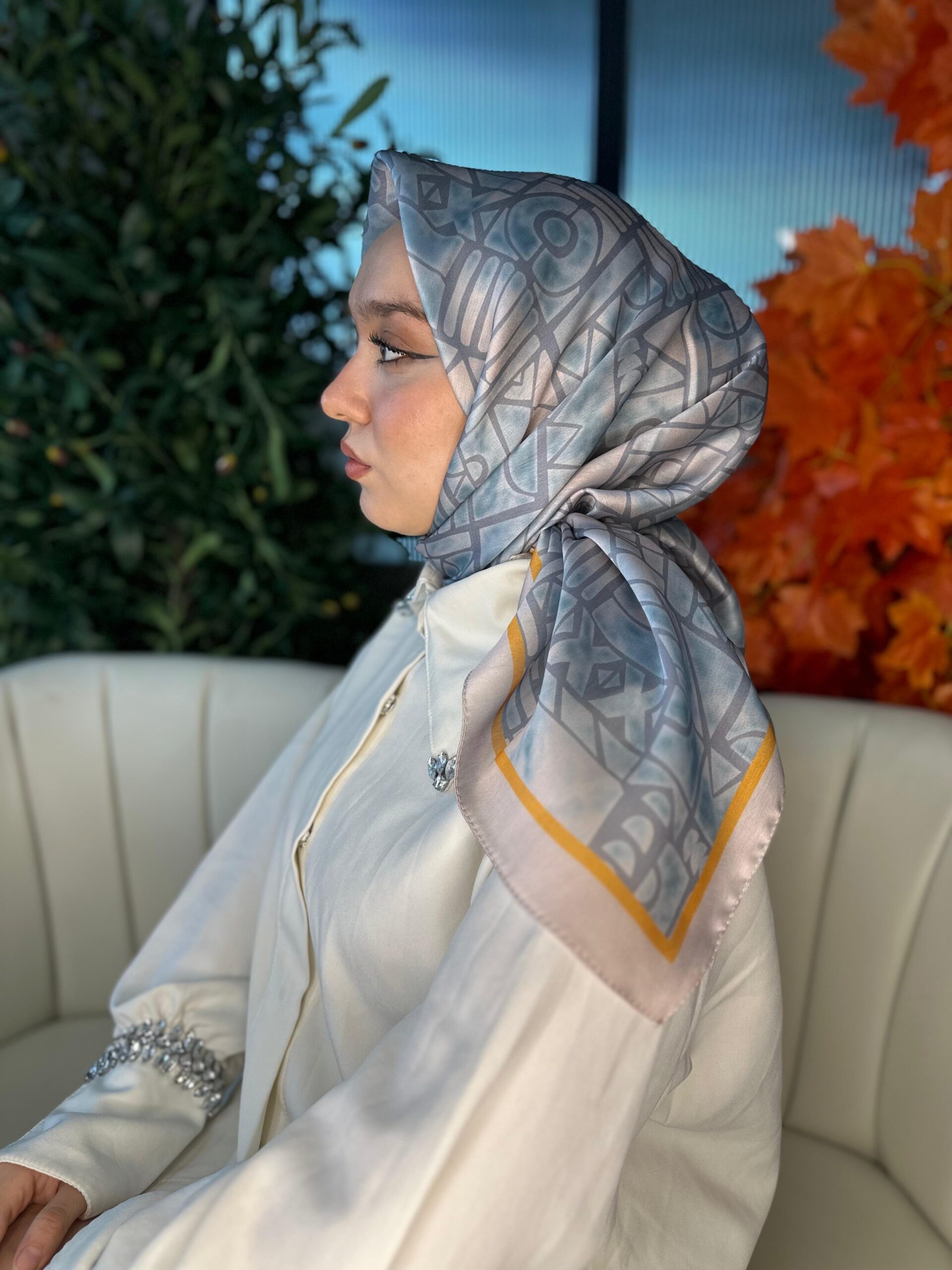 Oxxo Desen Vual İpek Eşarp-6203662-İncir