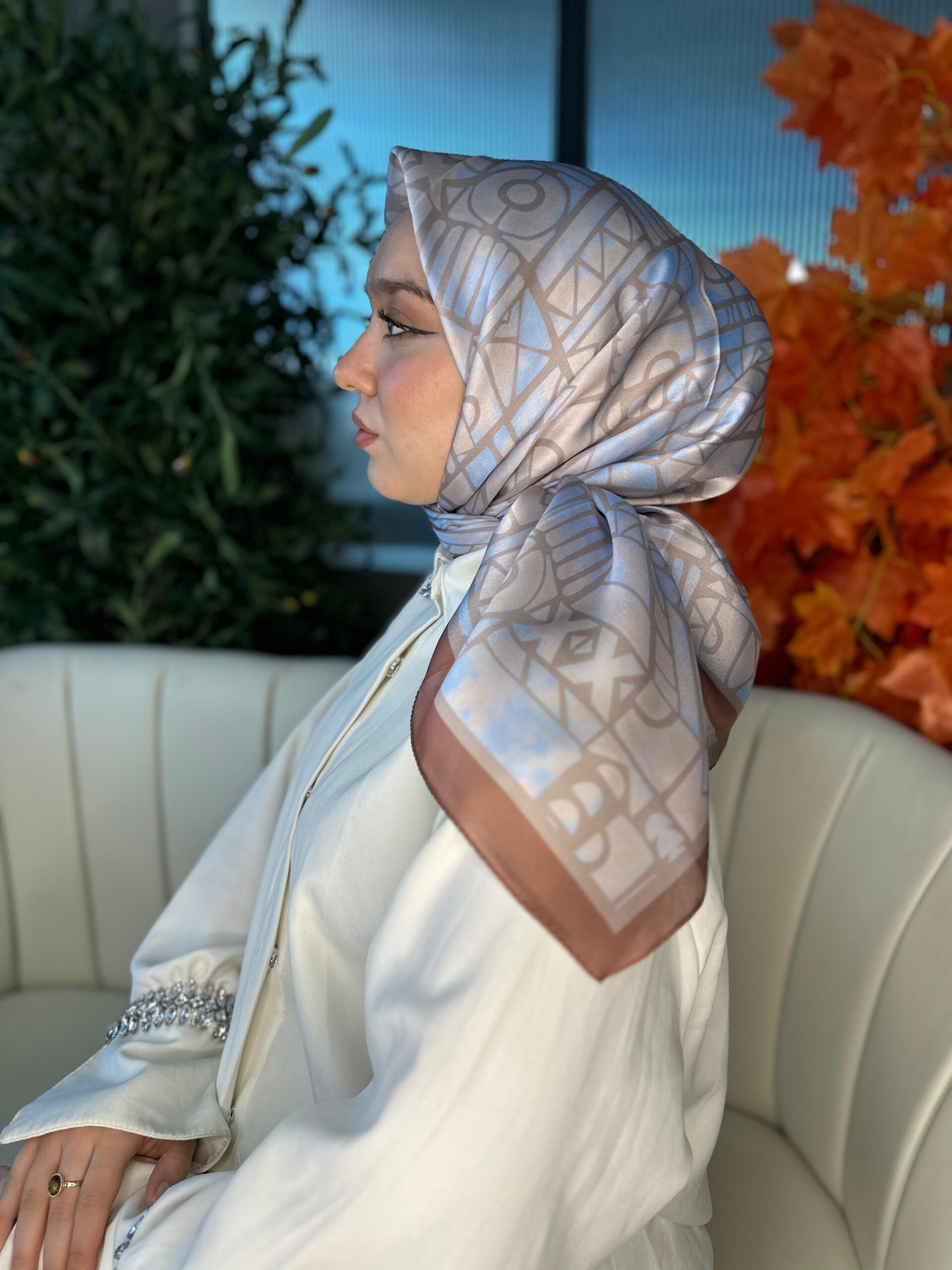 Oxxo Desen Vual İpek Eşarp-6203662-Karamel-mavi