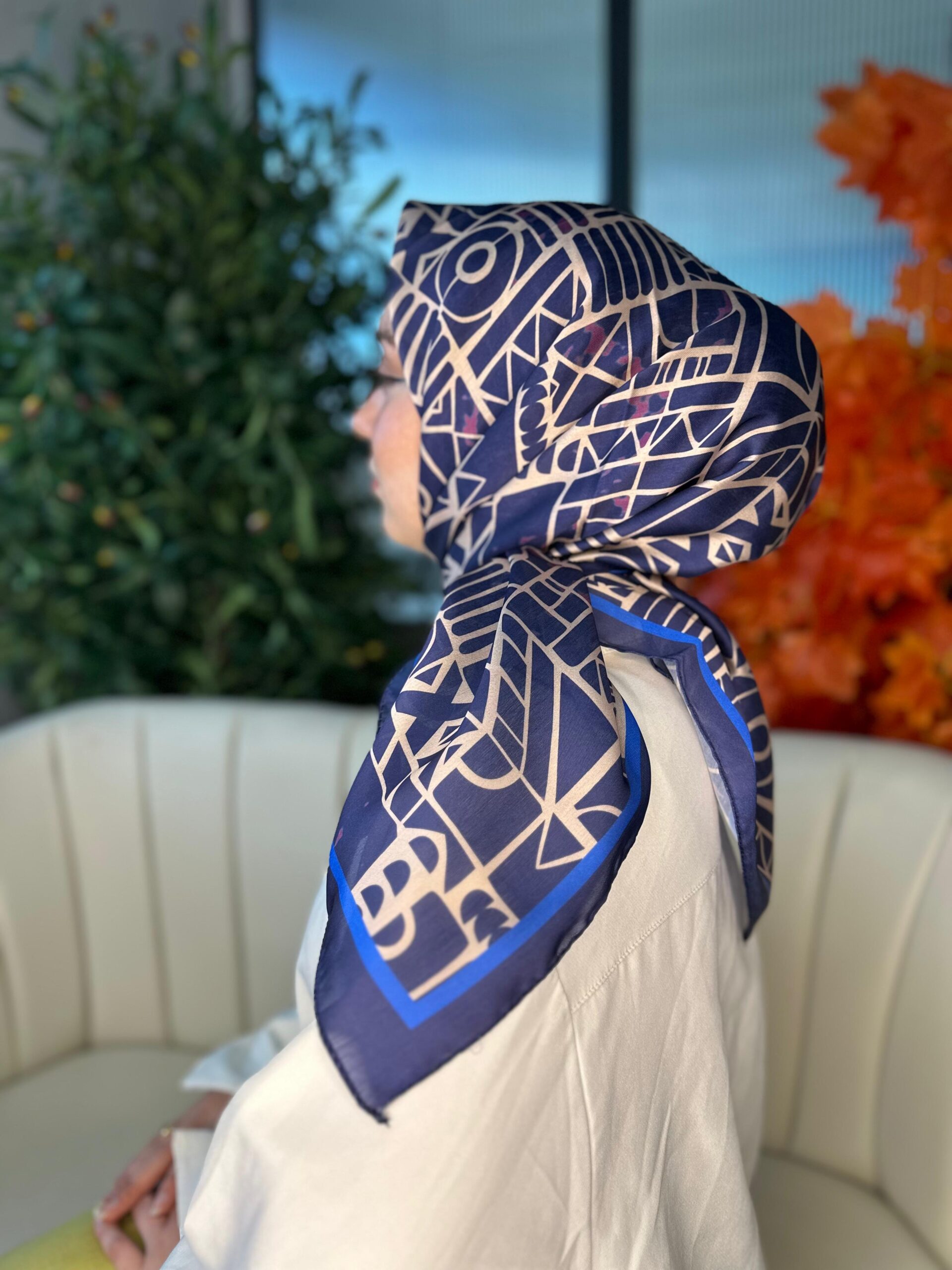 Oxxo Desen Vual İpek Eşarp-6203662-Mavi