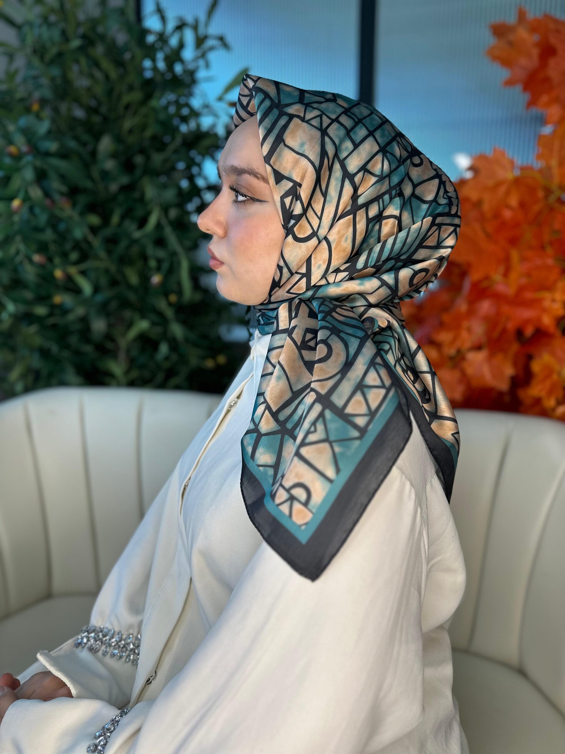 Oxxo Desen Vual İpek Eşarp-6203662-Petrol