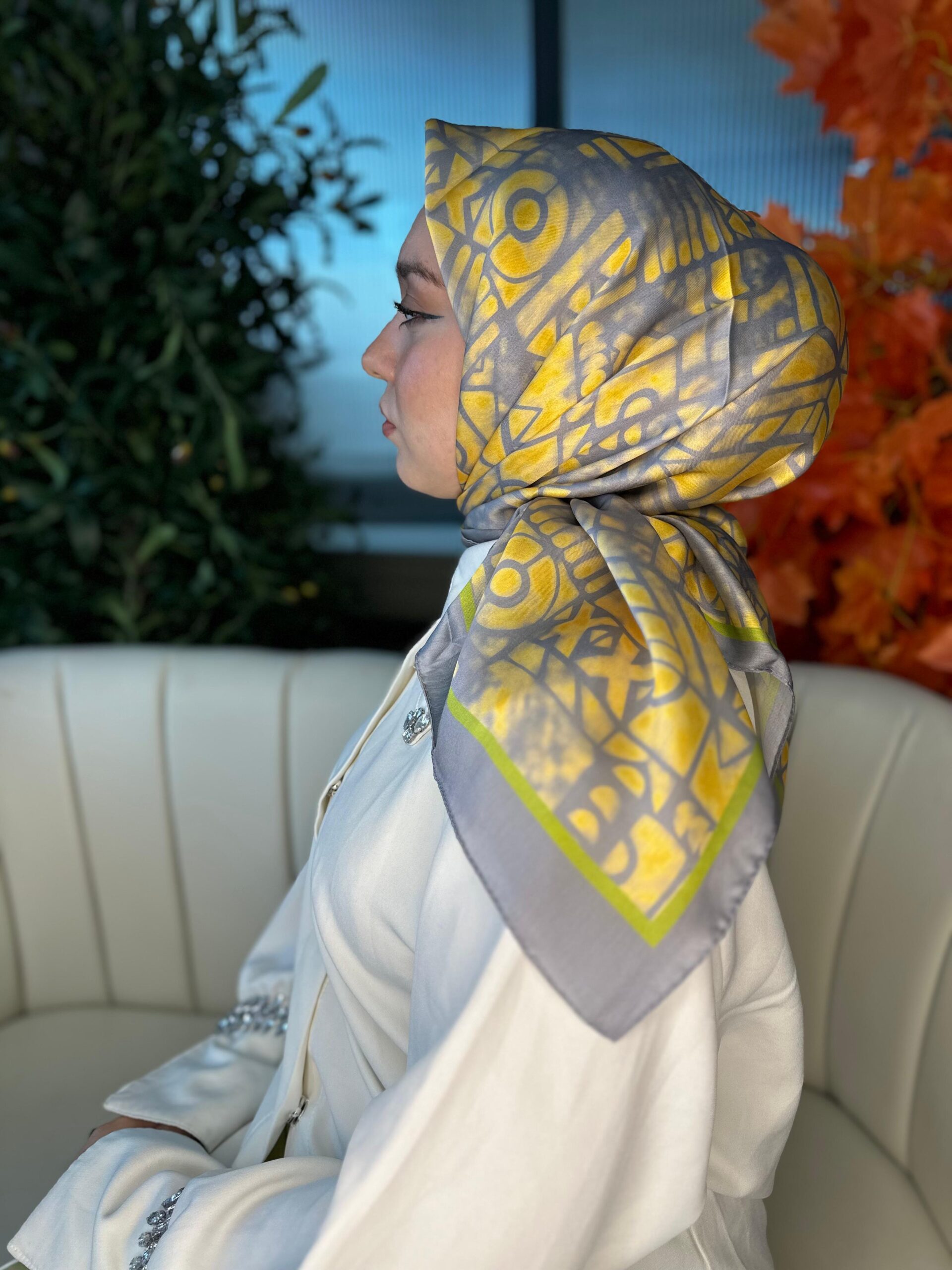 Oxxo Desen Vual İpek Eşarp -6203662-Gümüş