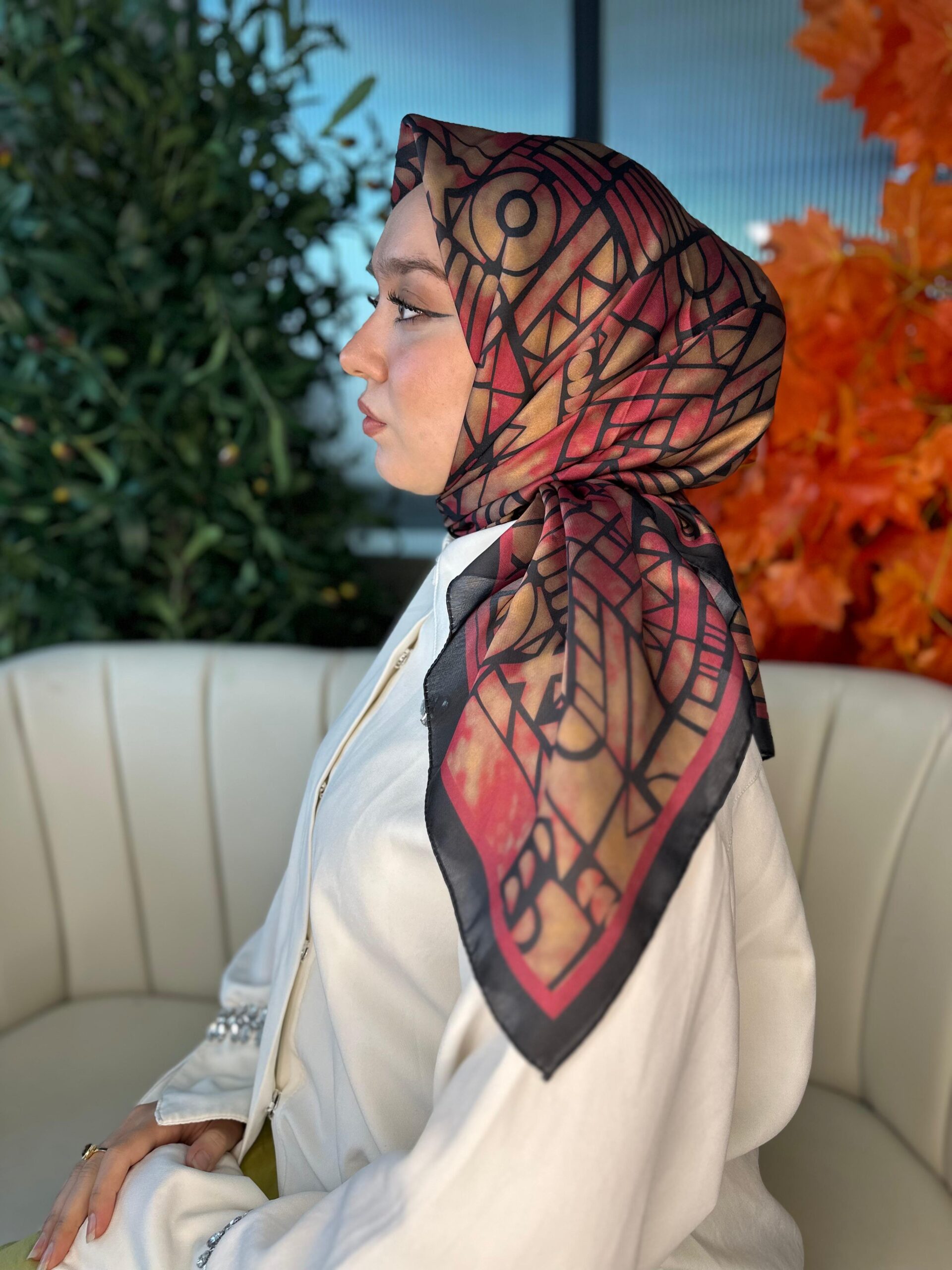 Oxxo Desen Vual İpek Eşarp -6203662-Vişne