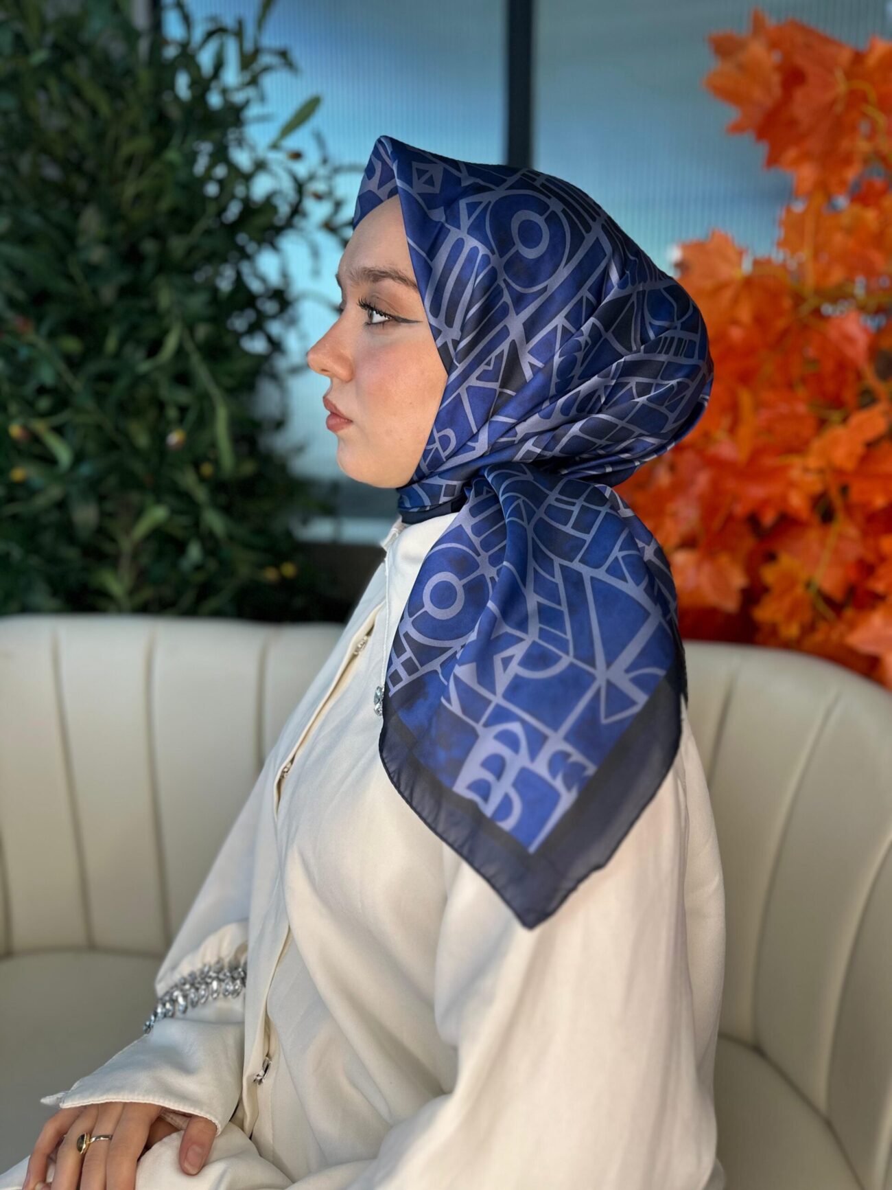 Oxxo Desen Vual İpek Eşarp -6203662-Gece Mavi