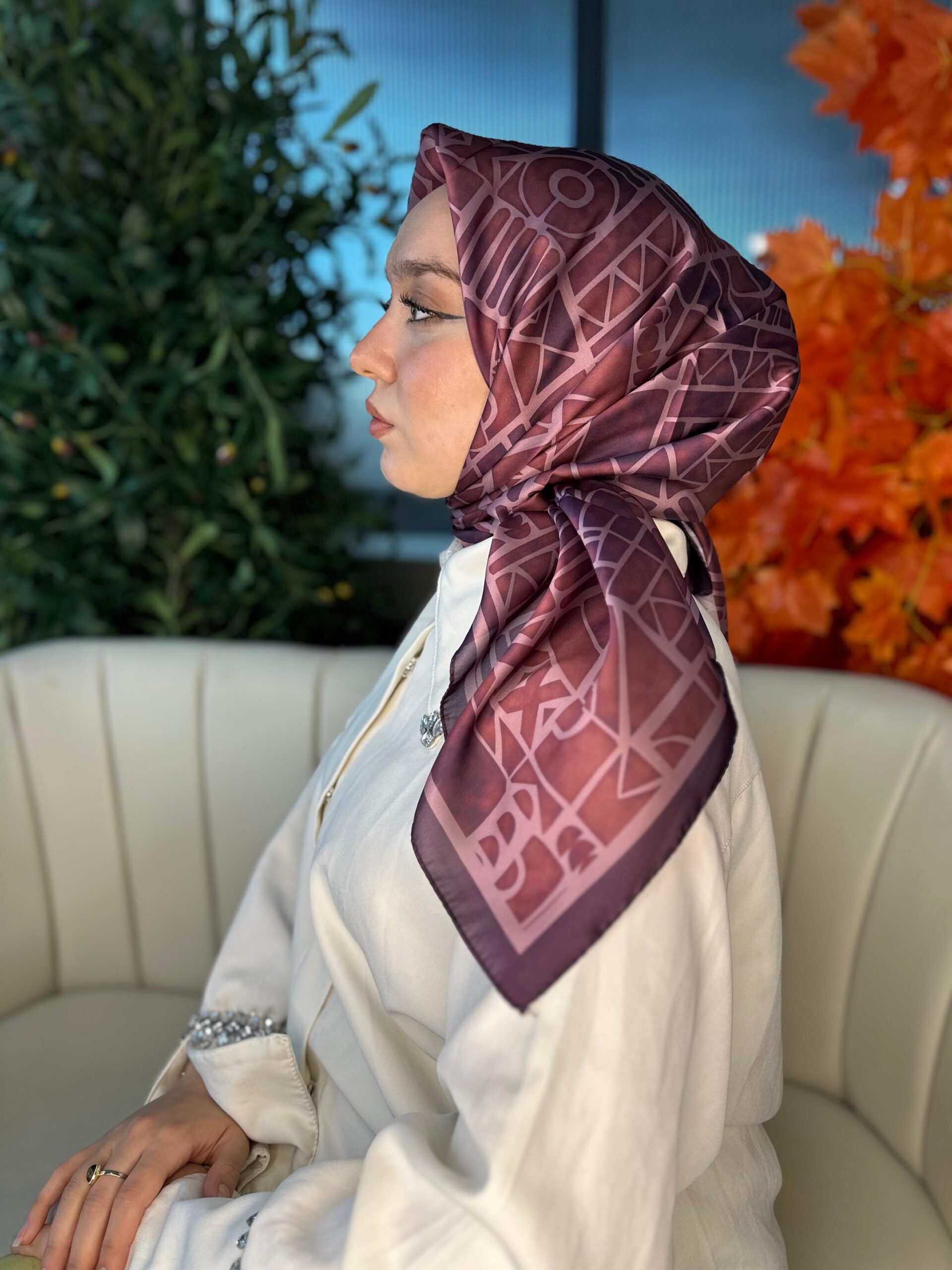 Oxxo Desen Vual İpek Eşarp -6203662-Koyu Mürdüm