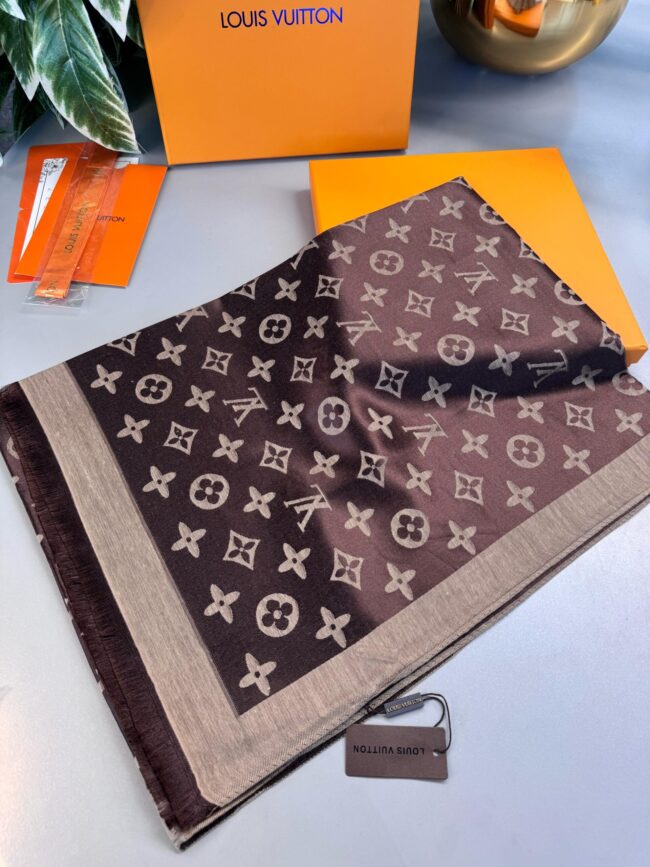 Lv  İthal Yün  İpek Şal Tam Set Kutulu Sertifikalı-Kahve