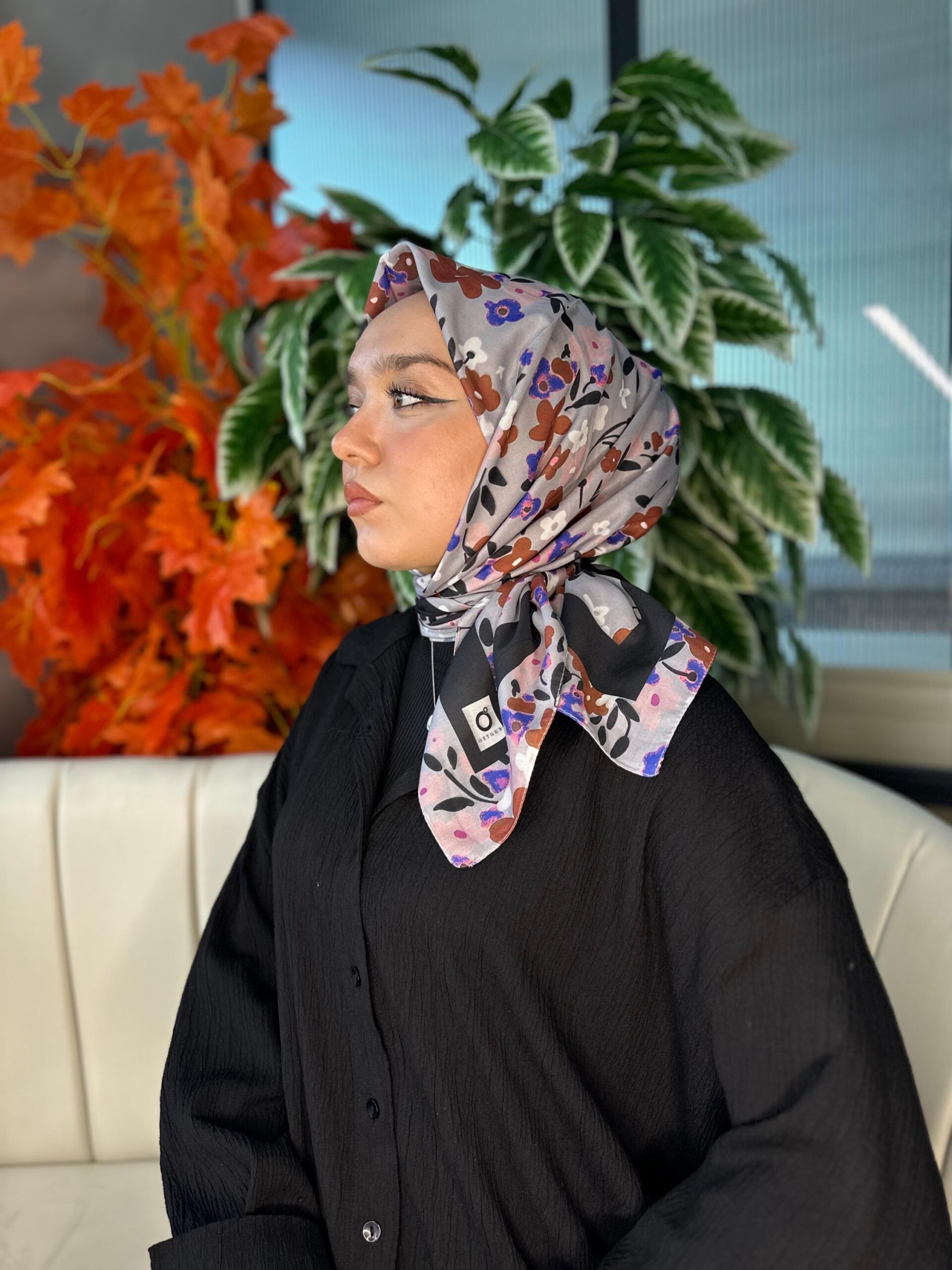 Bahar Desen Pamuk İpek Eşarp-13001-Gri