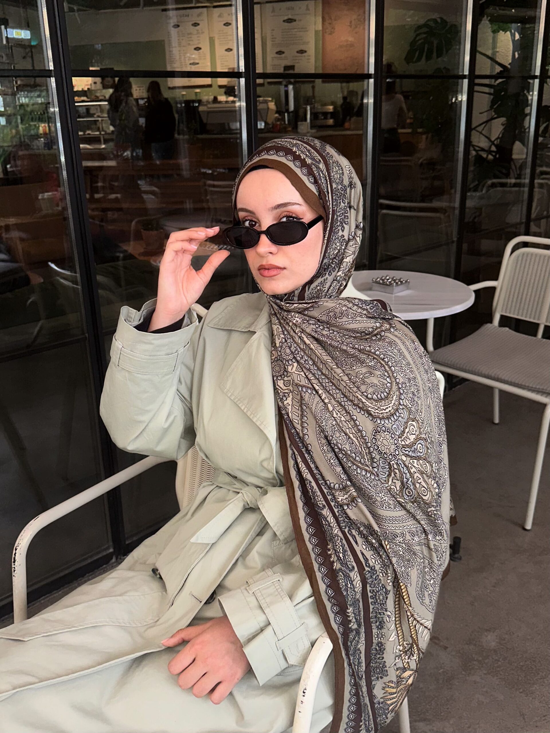 Touch İthal Etnik Desen Yün İpek Şal- Tarçın-Haki