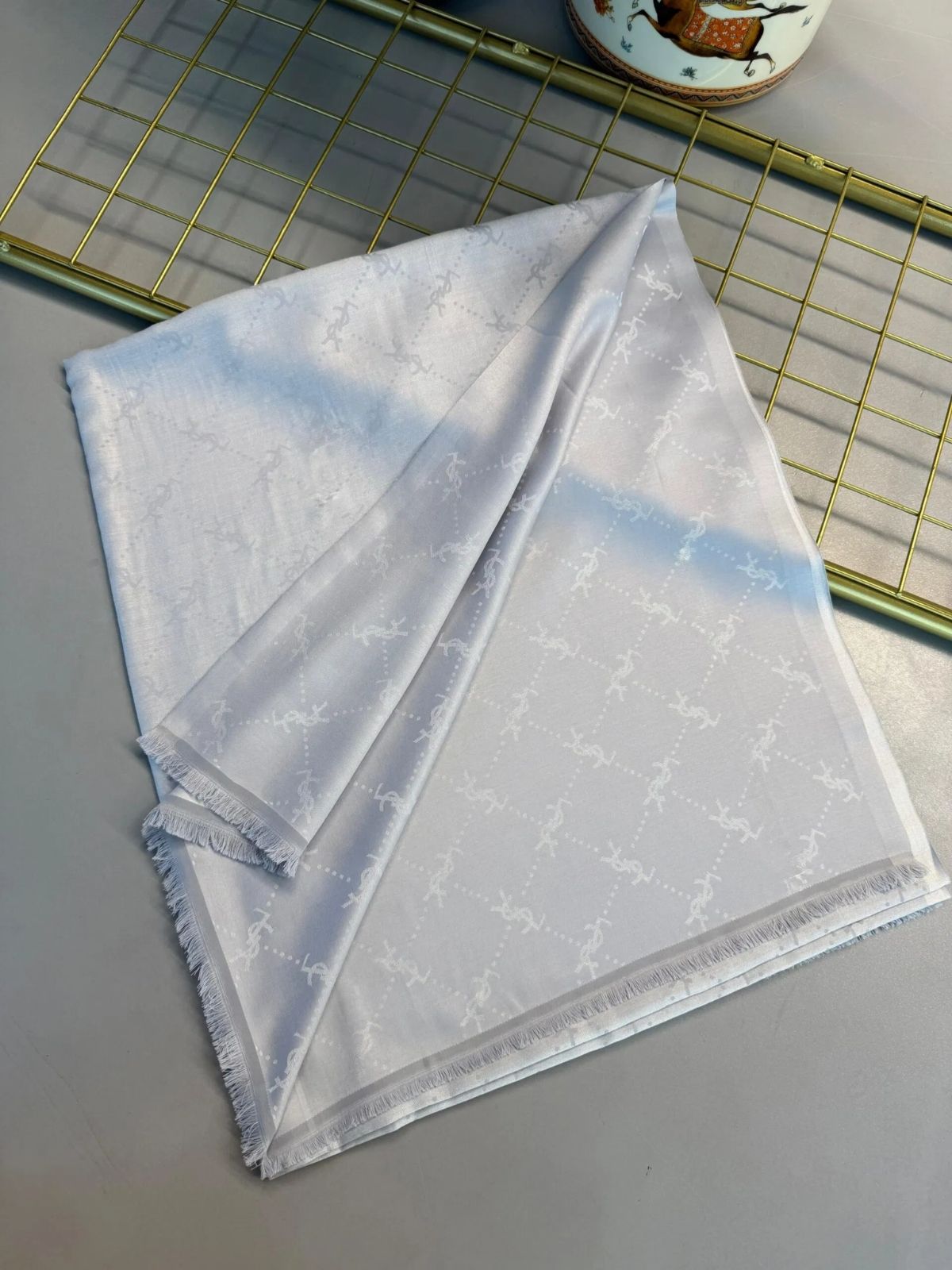 Ysl  Desen Kendinden Dokulu Desenli İtalyan Şal-10010-Gümüş - Görsel 5