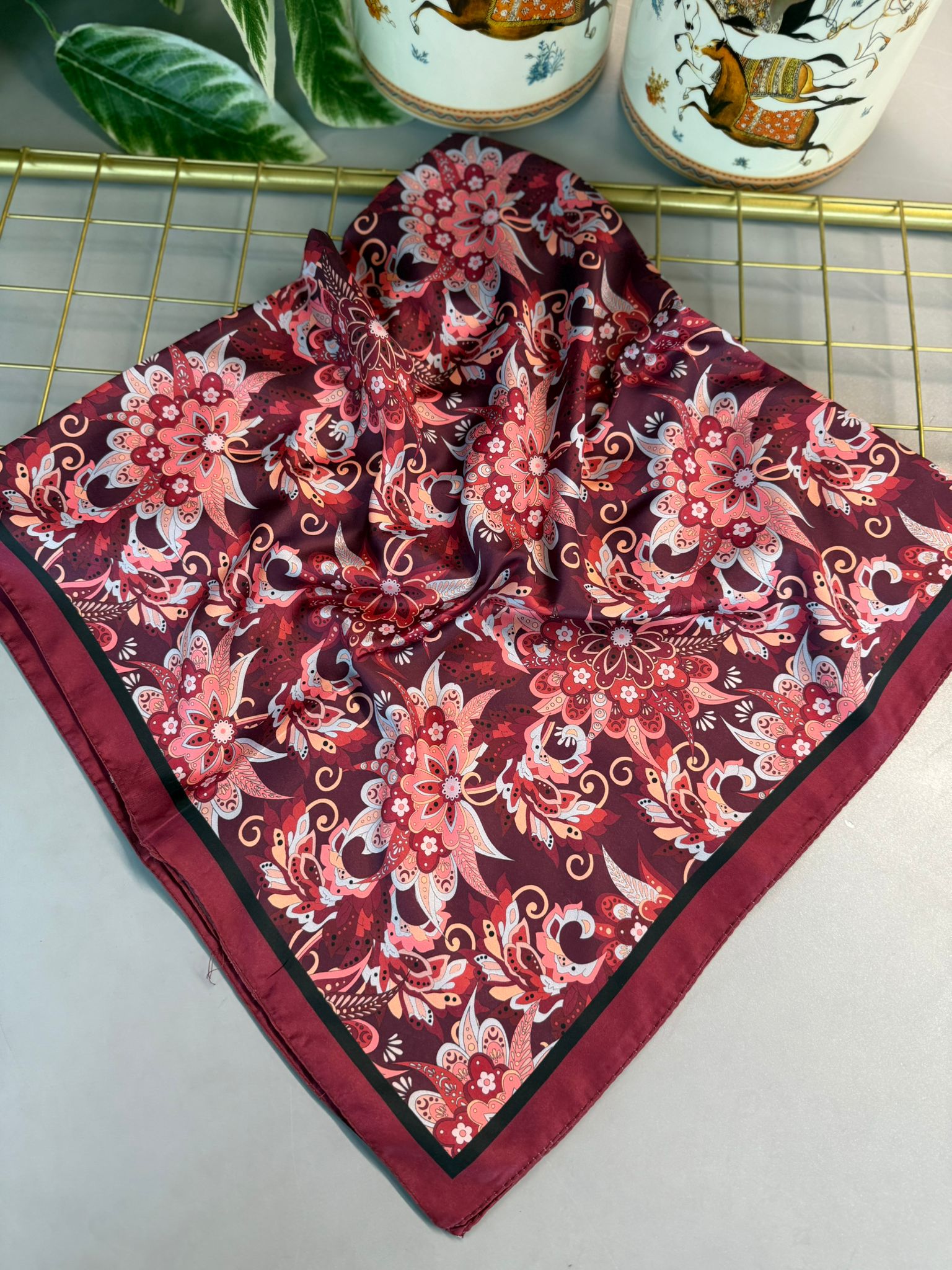 Mimoza Desen Vual İpek Eşarp-6203408-Vişne