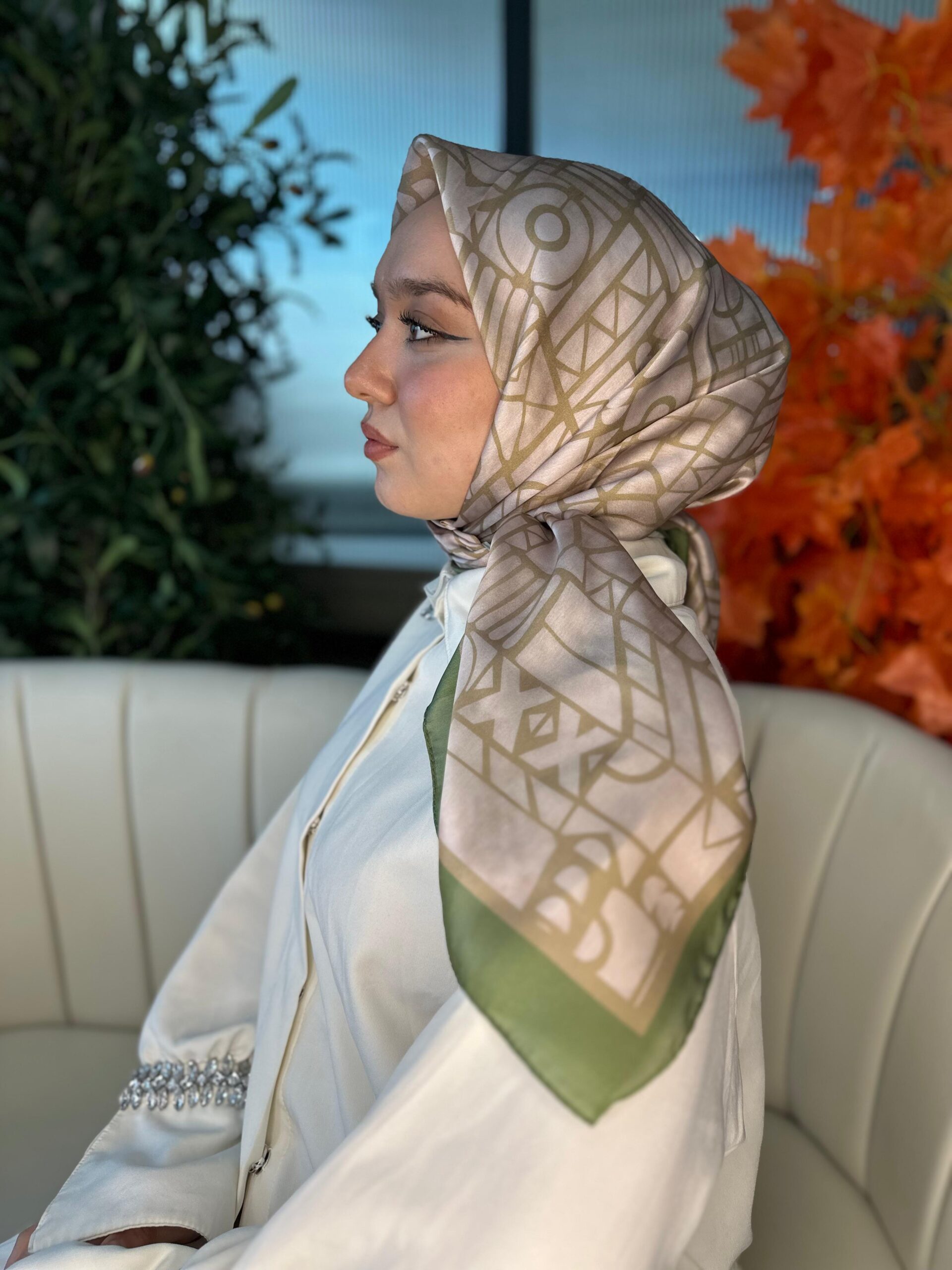 Oxxo Desen Vual İpek Eşarp-6203662-Yeşil