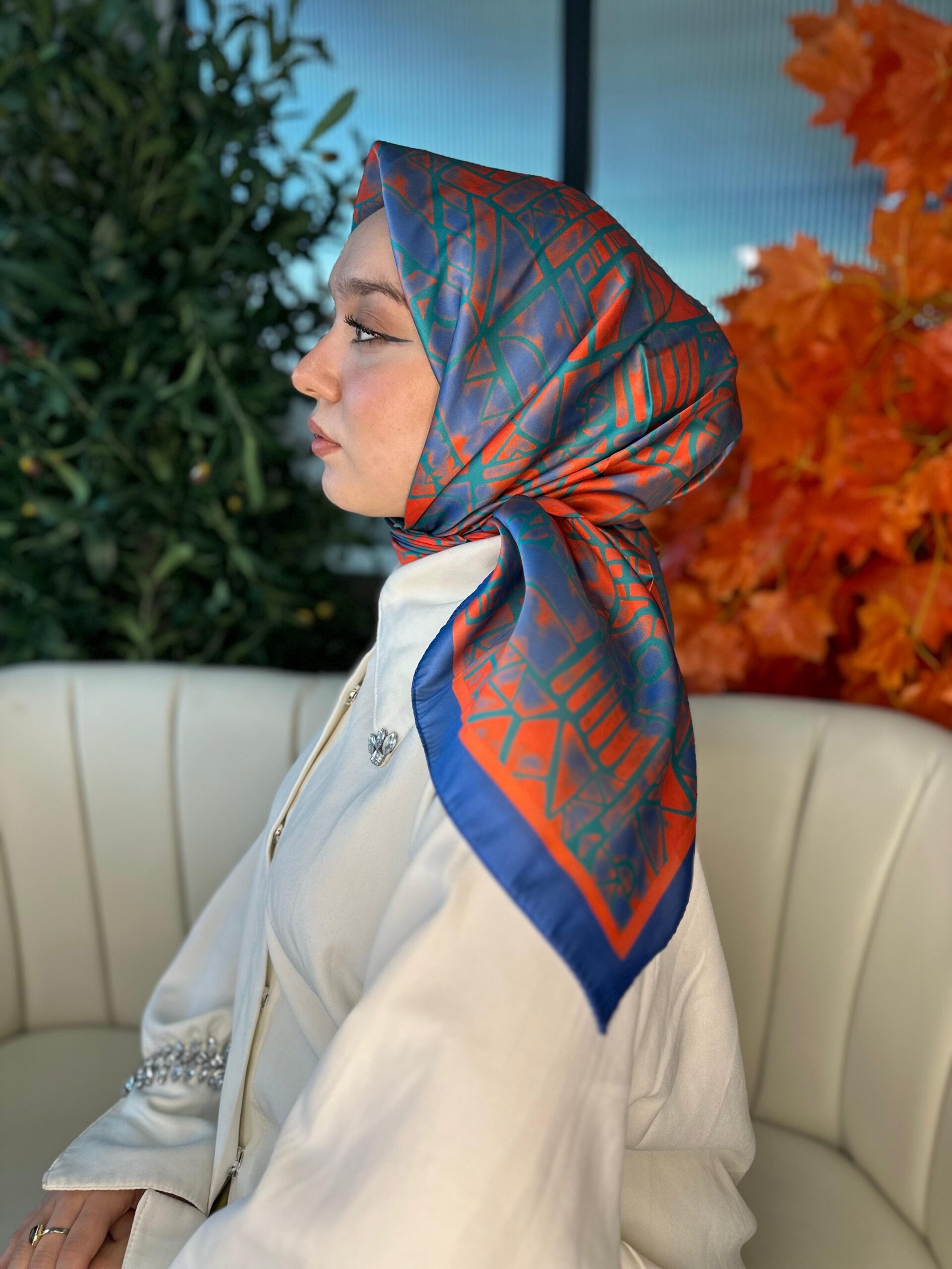 Oxxo Desen Vual İpek Eşarp -6203662-Portakal