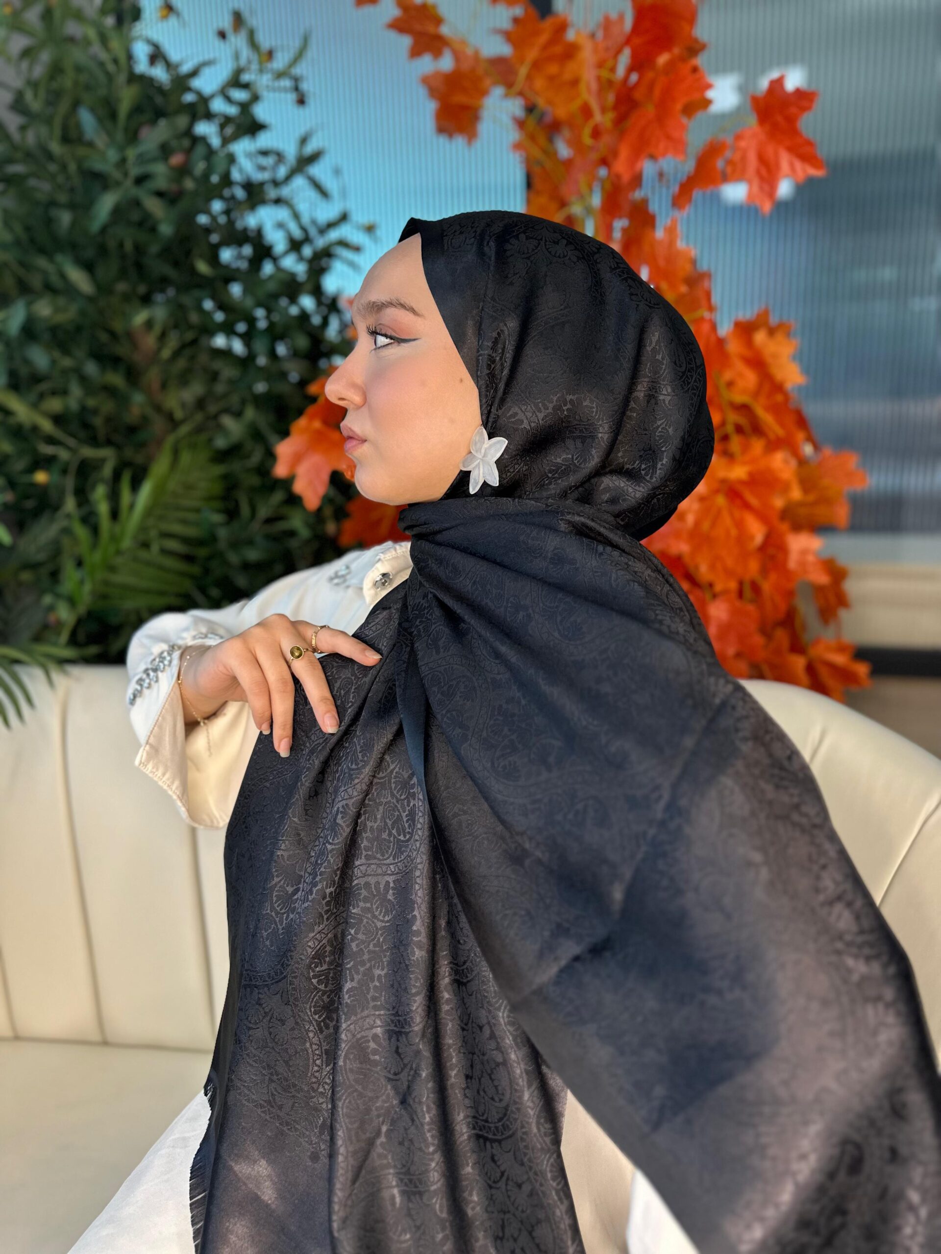 Hürrem Sultan Kendinden Dokulu Çift Taraflı Şal-2000-Siyah