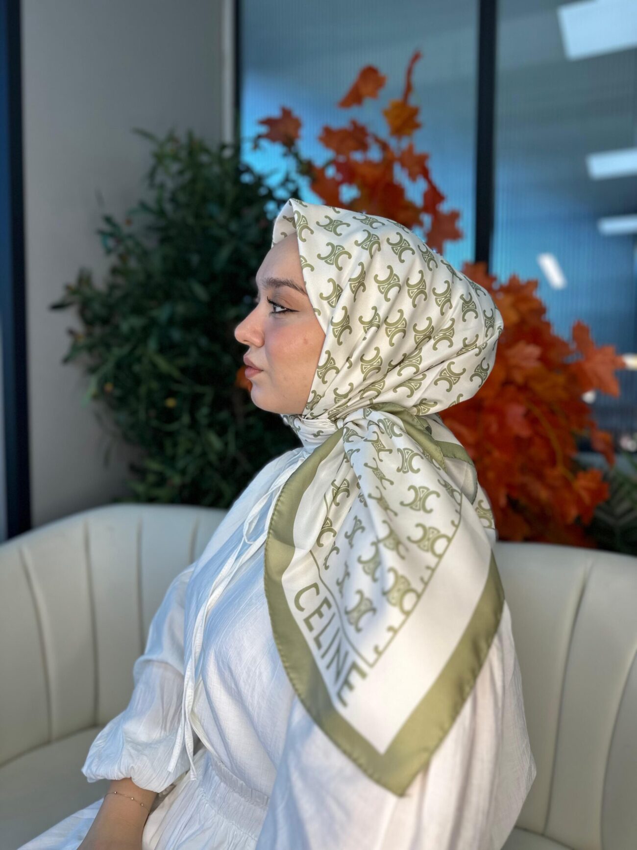 Celine Desen Vual İpek Eşarp-6204527-Yağ Yeşili