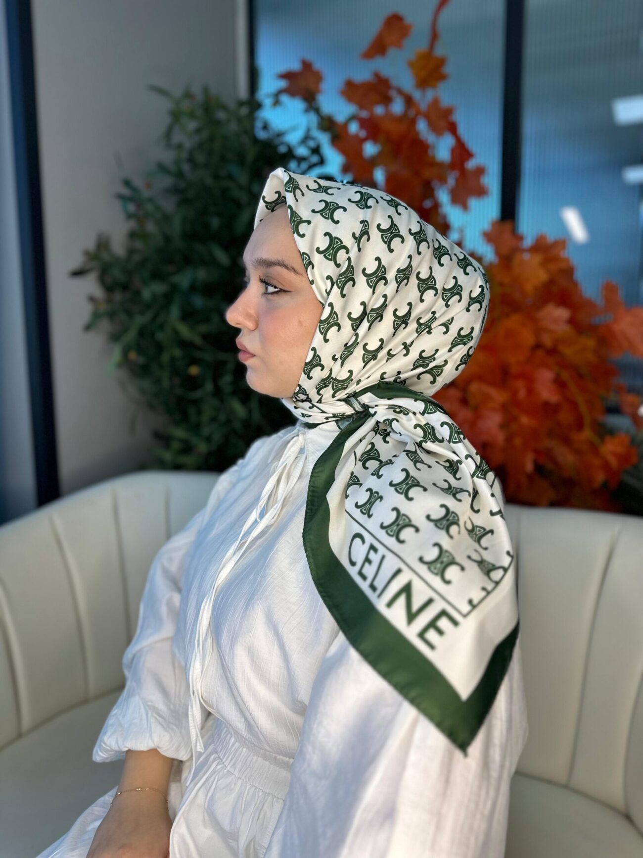 Celine Desen Vual İpek Eşarp-6204527-Yeşil