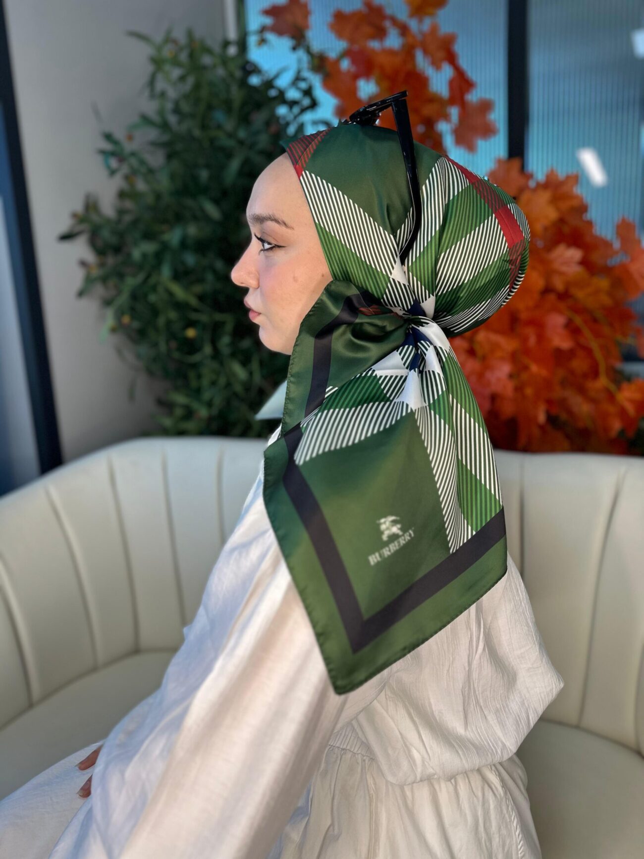 Burberry Kare Desen Vual İpek Eşarp-8682626-Koyu yeşil – Organik Scarf
