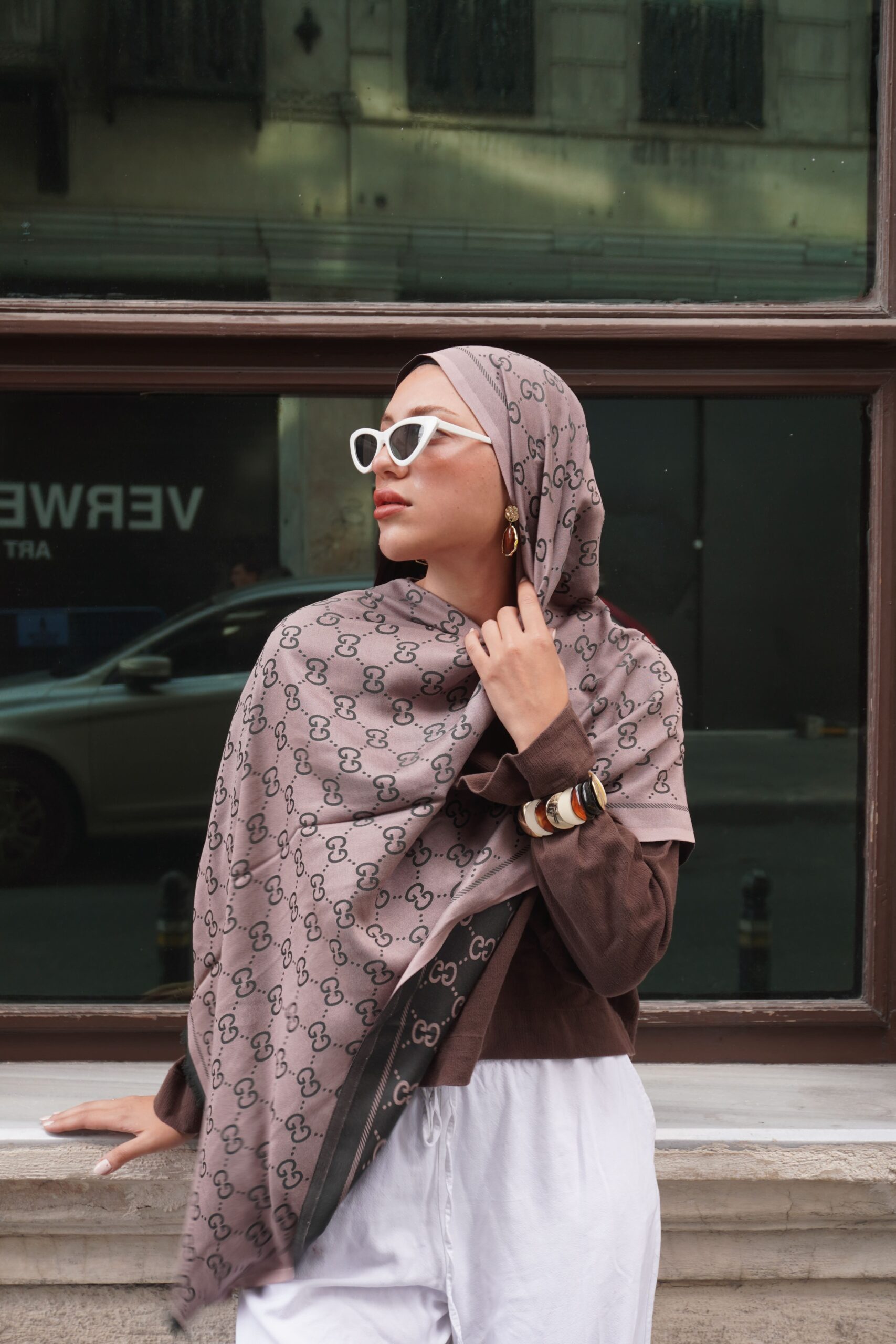 G Desenli İpek Kaşmir Çift Taraflı Şal 440344 - Vizon Siyah - Görsel 3