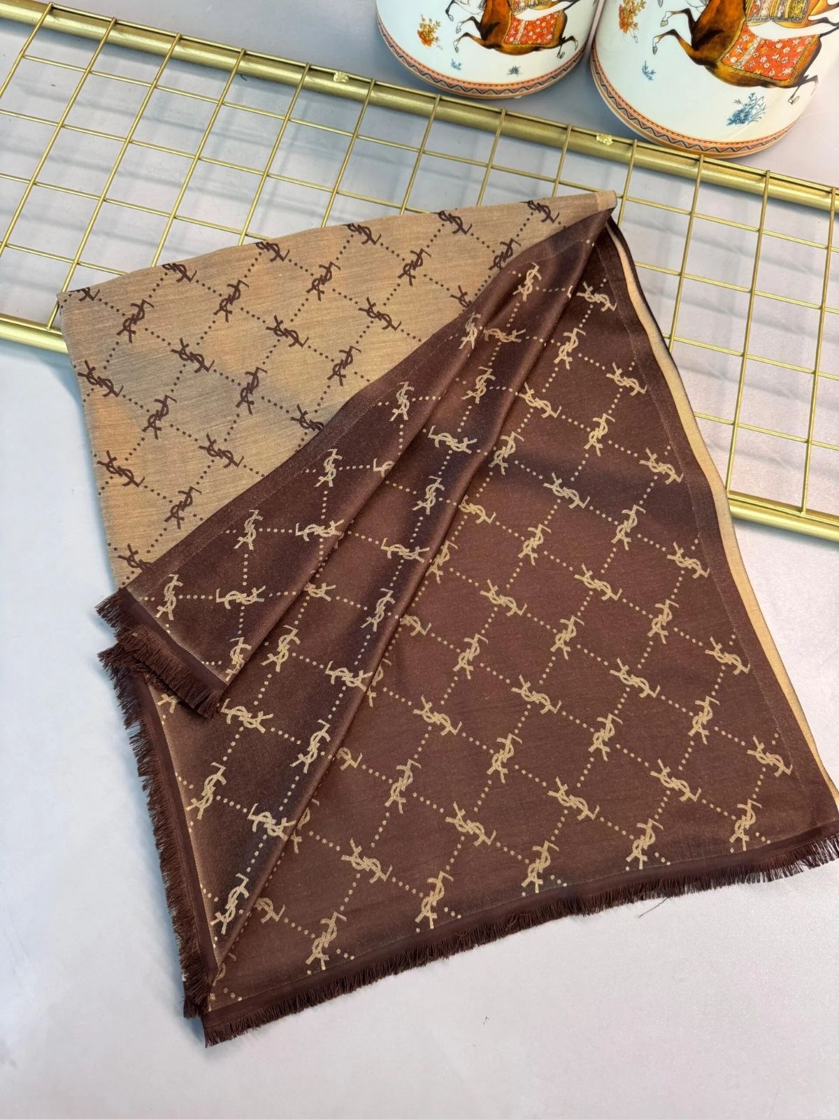 Ysl Desen Kendinden Dokulu Desenli İtalyan Şal-10010-Kahve - Görsel 5