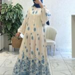 Çini Border Desen  Elbise - Gök Mavi