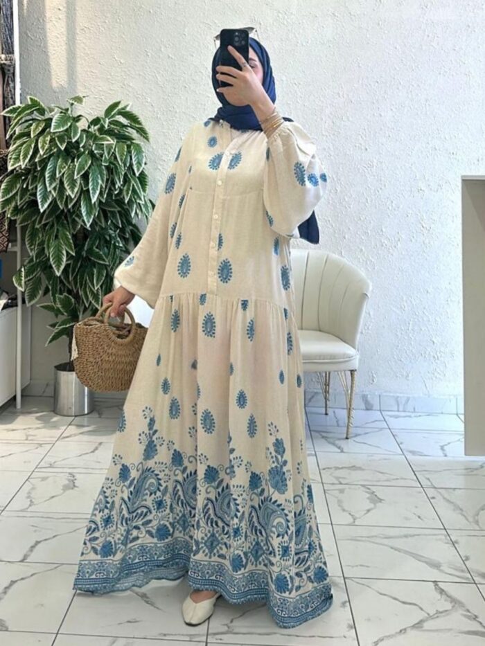 Çini Border Desen  Elbise - Gök Mavi