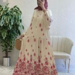 Çini Border Desen Elbise - Kiraz Çiçeği