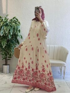 Çini Border Desen Elbise - Kiraz Çiçeği