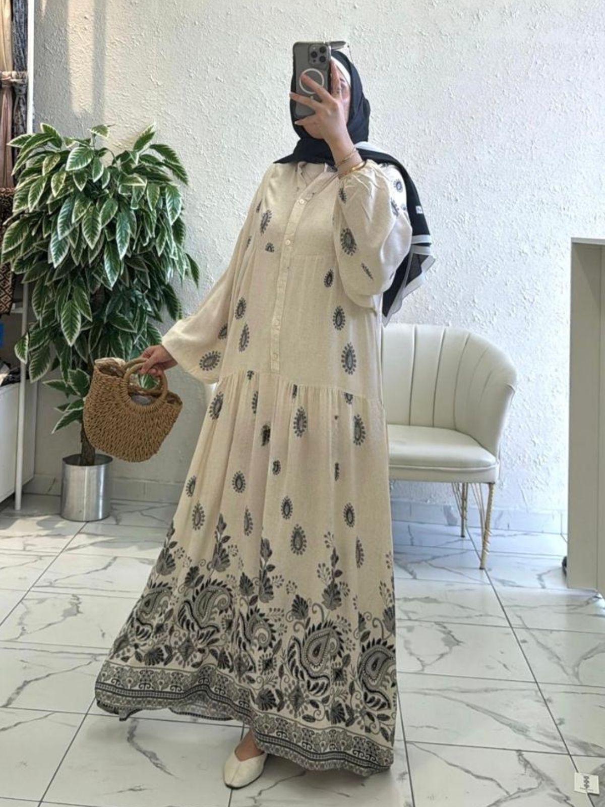 Çini Border Desen  Elbise - Siyah