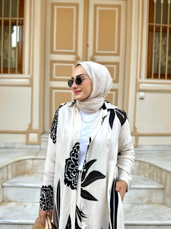 Çiçek Desen İkili Takım TK10038-Krem