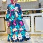 Lora Çiçek Desen Elbise L10057 - Okyanus Mavi