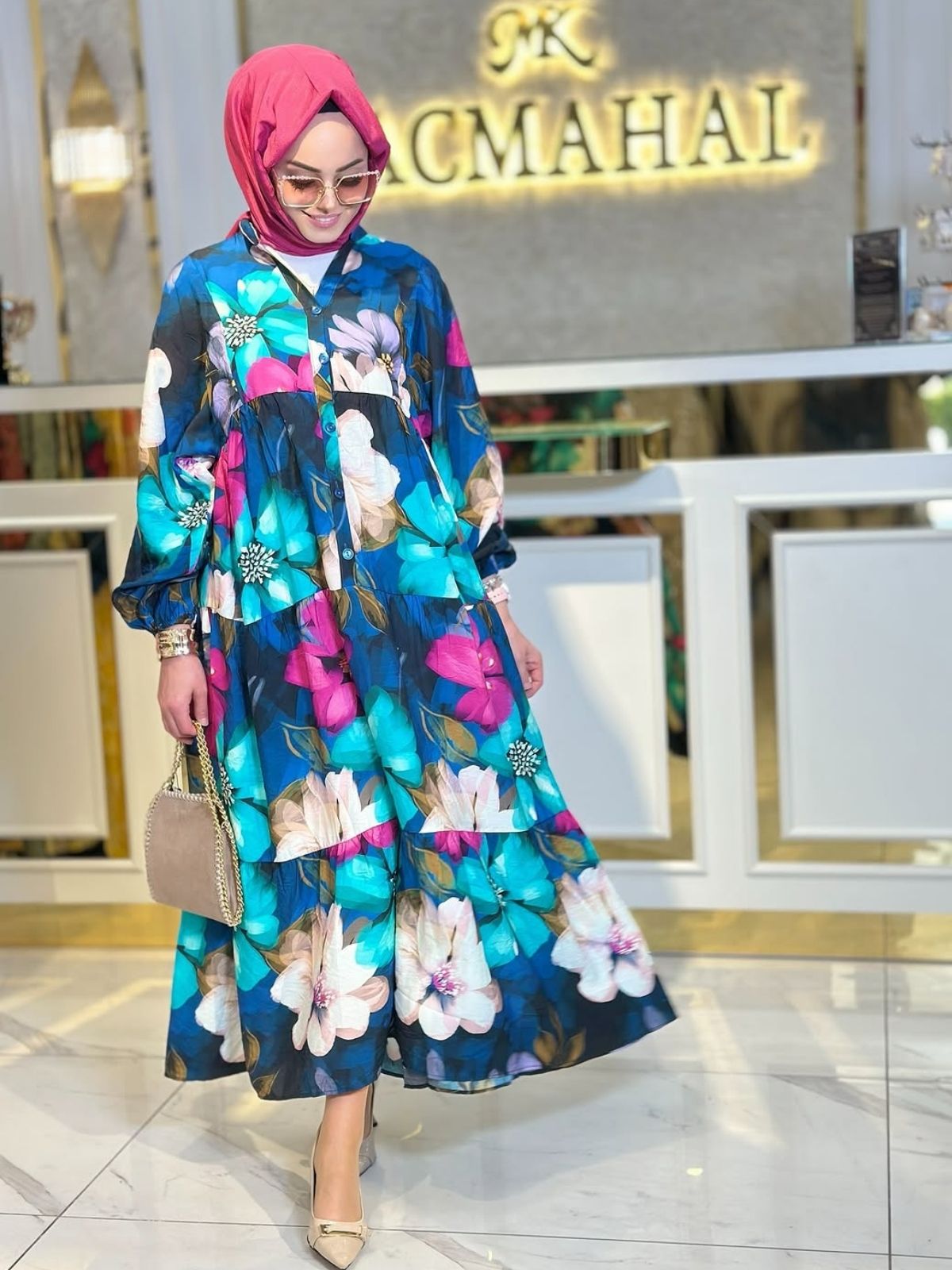 Lora Çiçek Desen Elbise L10057 - Okyanus Mavi