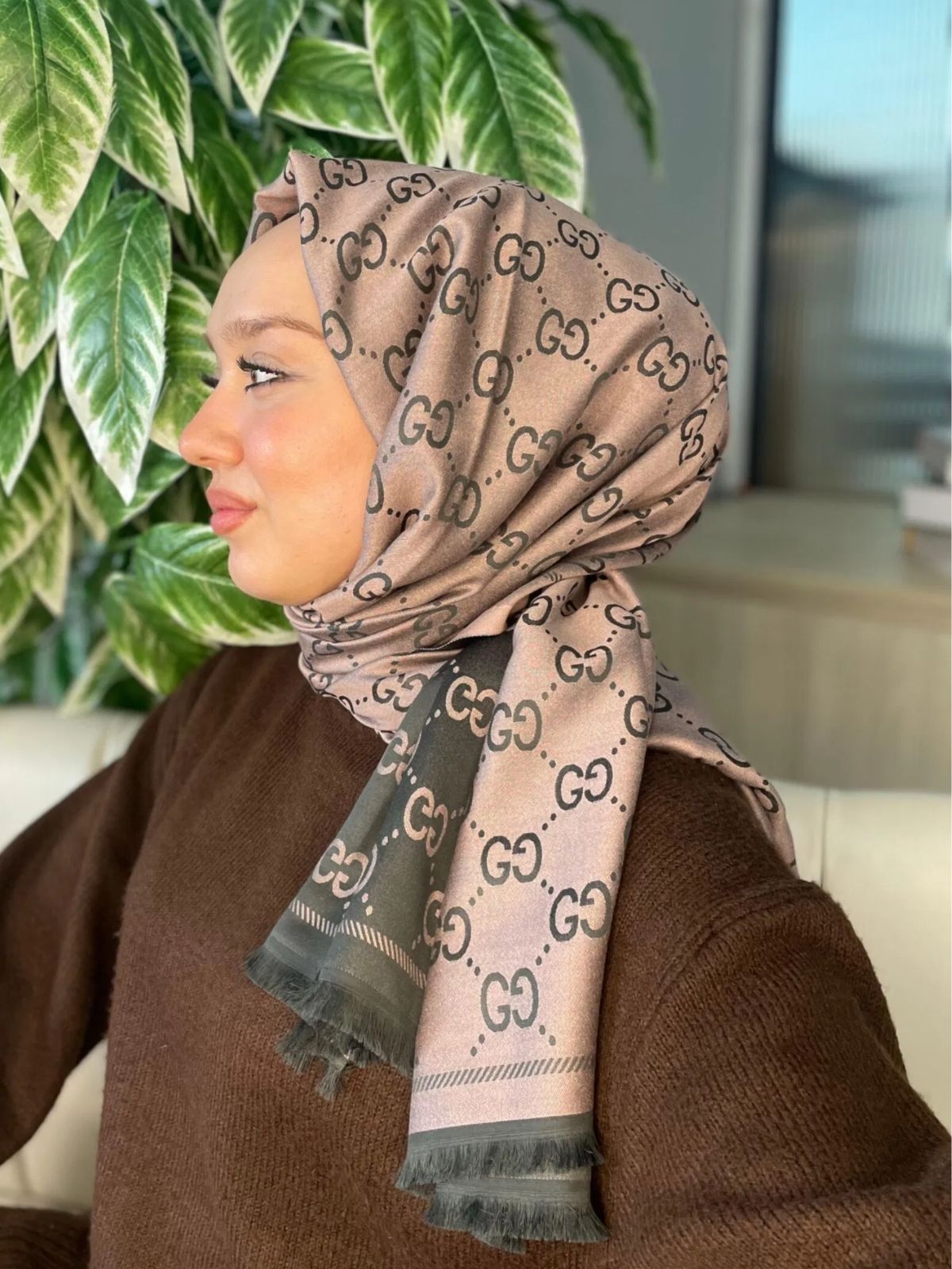 G Desenli İpek Kaşmir Çift Taraflı Şal 440344 - Vizon Siyah - Görsel 5