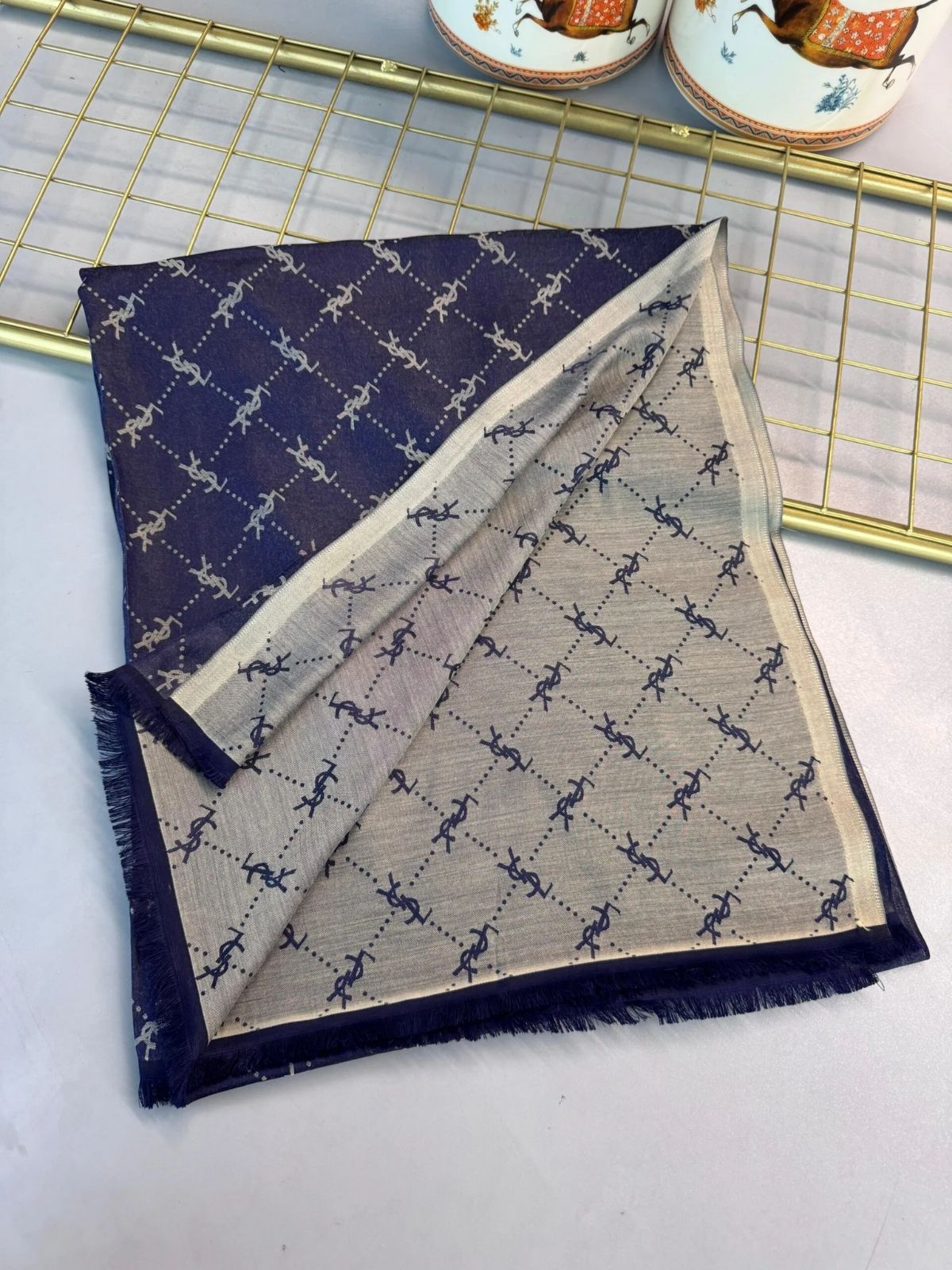 Ysl Desen Kendinden Dokulu Desenli İtalyan Şal-10010-Vizon - Görsel 4