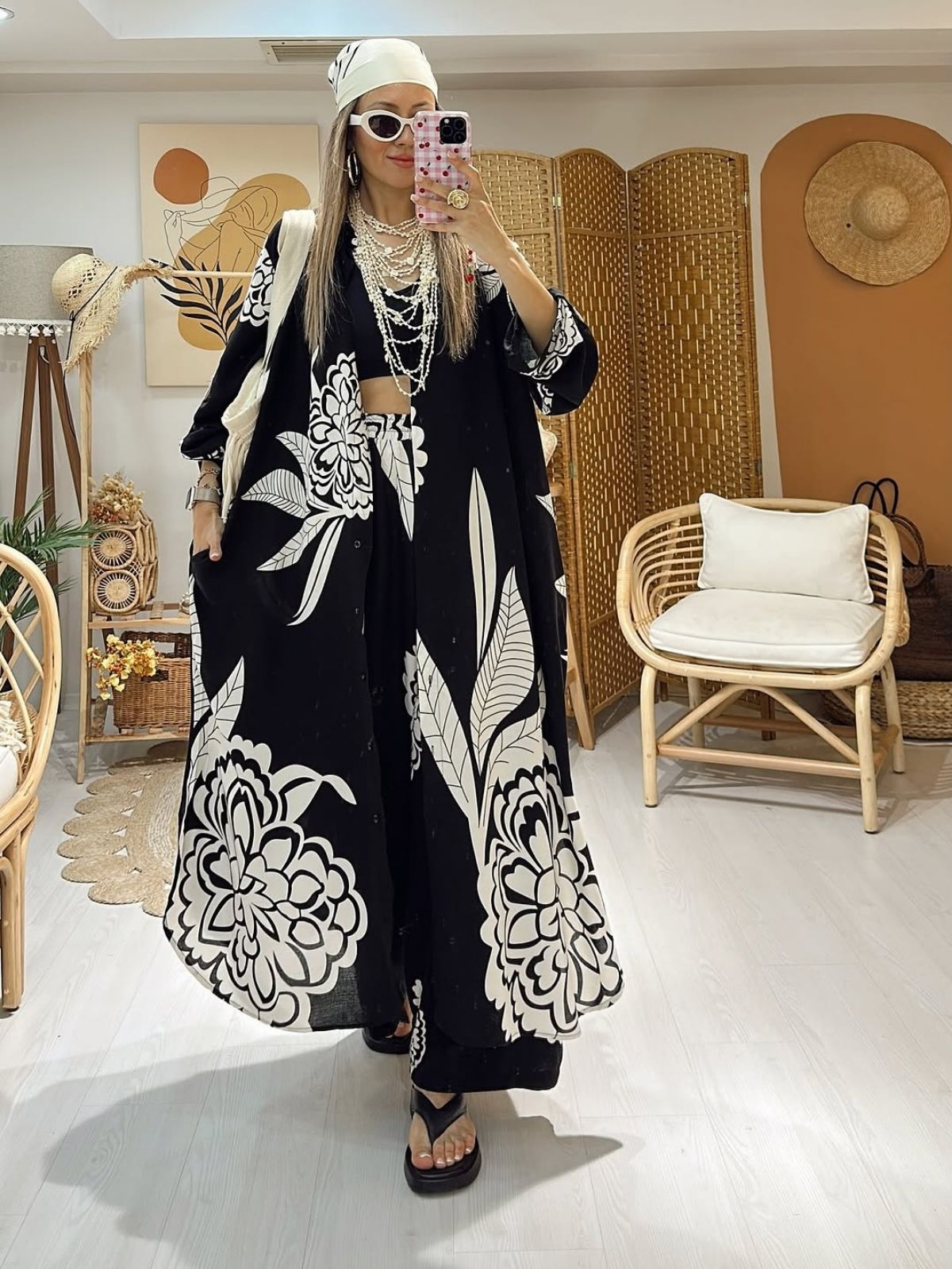 Çiçek Desen İkili Takım -Siyah