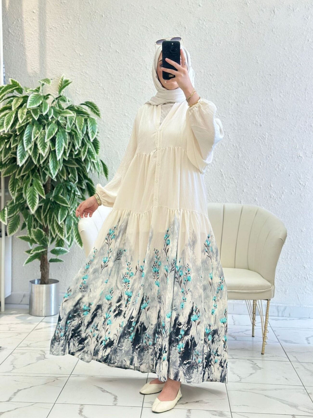 Aqua Mist Çiçek Elbise - Turkuaz