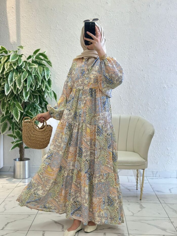 Paisley Esintisi  Elbise - Şeftali