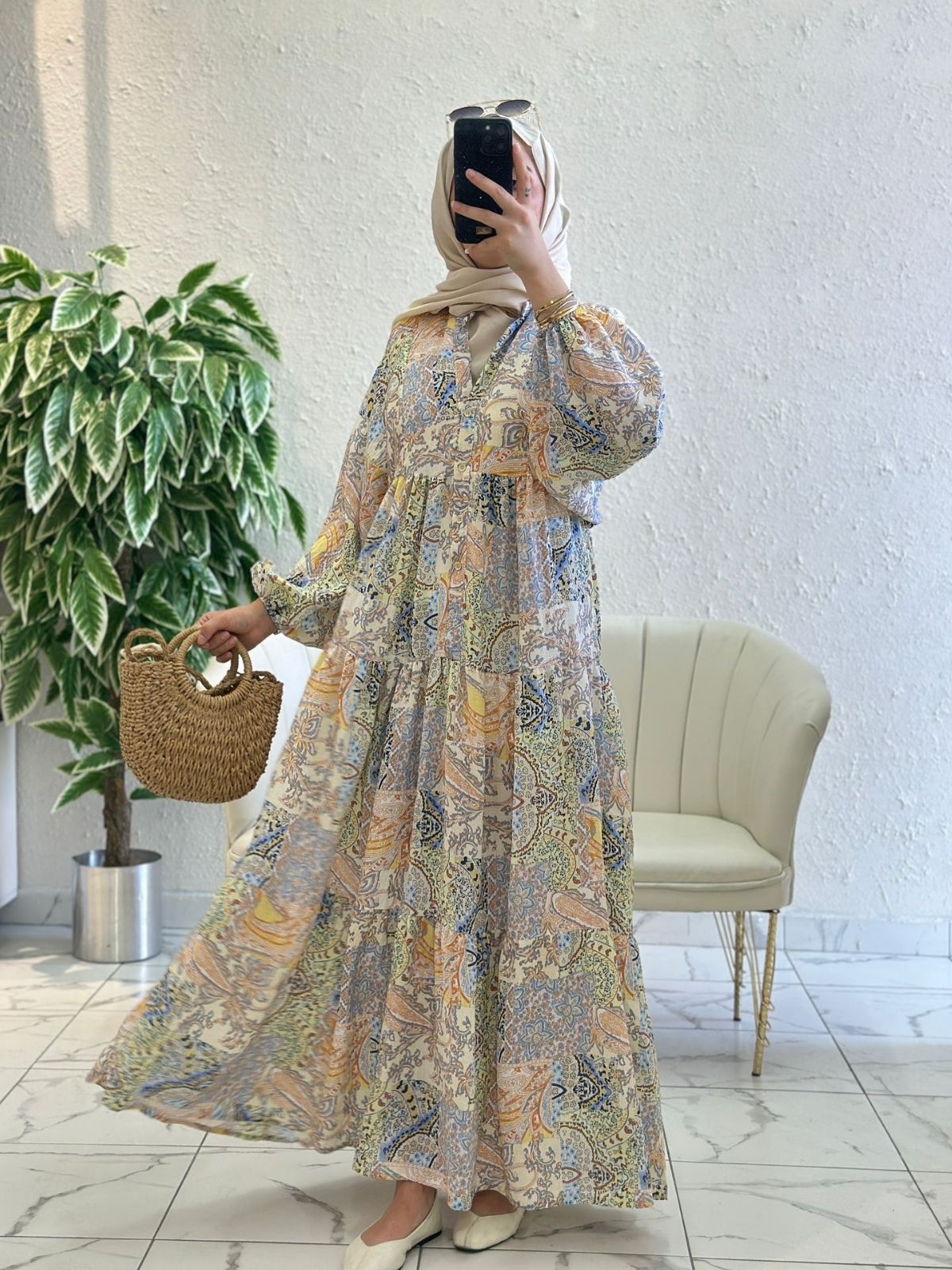 Paisley Esintisi  Elbise - Şeftali