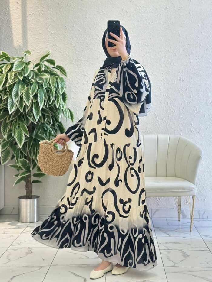 Maria Çizgi Desen Elbise L1001 - Siyah