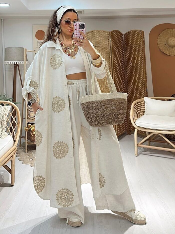 Nakışlı İkili Takım TK1003 -Bej