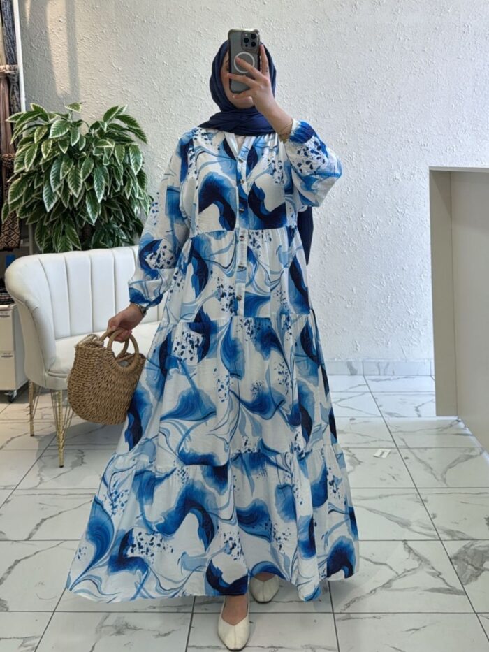 Ebruli Desen Elbise L10017 BÜYÜK BEDEN - Deniz Mavisi