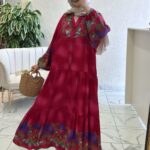 Gonca Motif Desen Elbise L10023 - Şeker Pembe