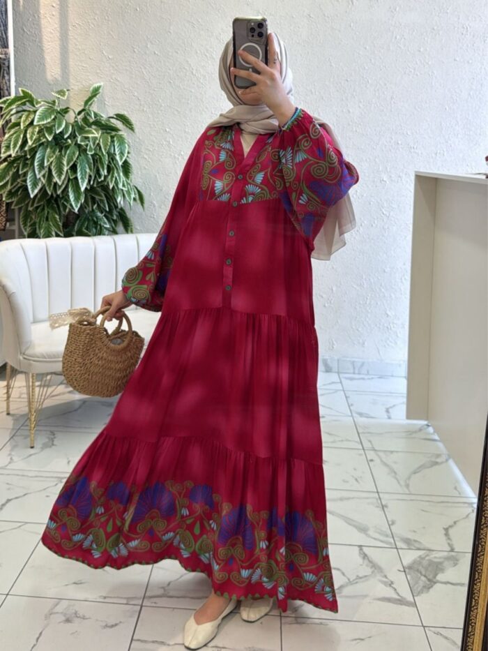 Gonca Motif Desen Elbise L10023 - Şeker Pembe