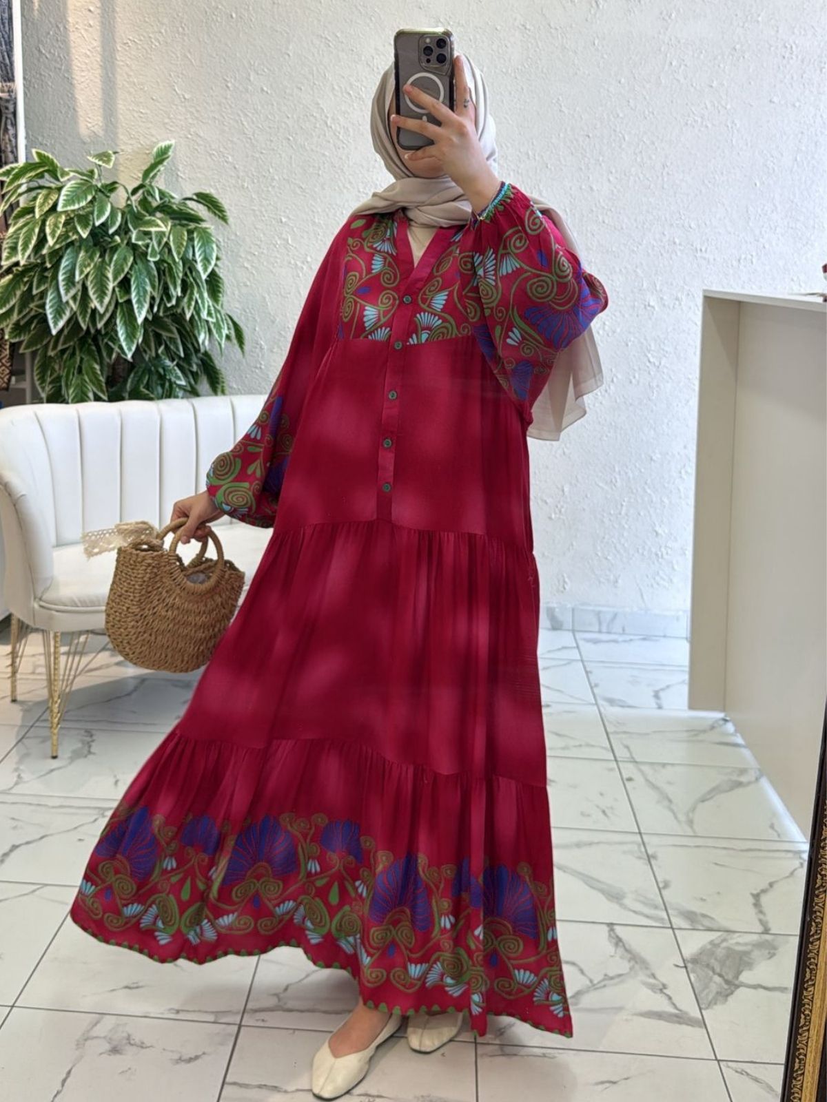Gonca Motif Desen Elbise L10023 - Şeker Pembe