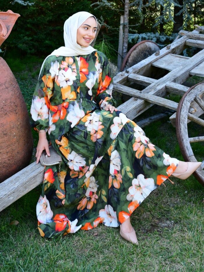 Lora Çiçek Desen Elbise L10056 - Tropik Yeşil