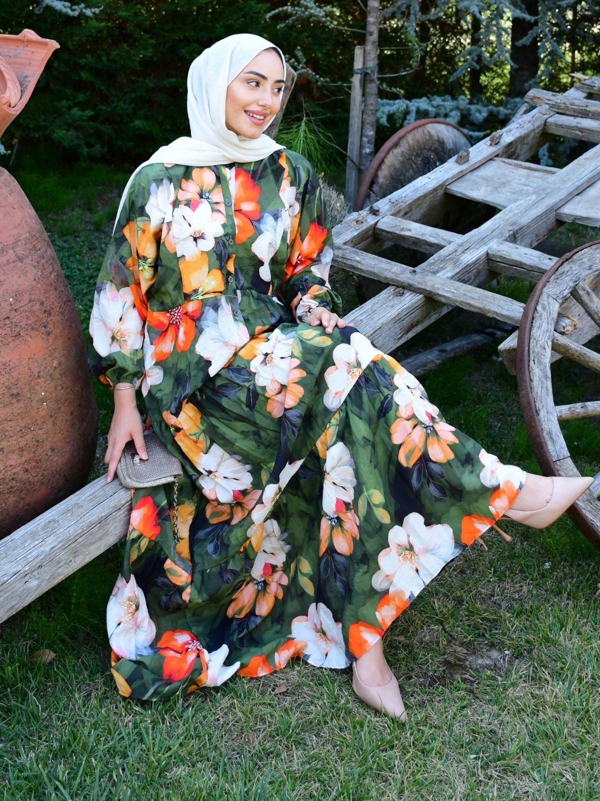 Lora Çiçek Desen Elbise L10056 - Tropik Yeşil