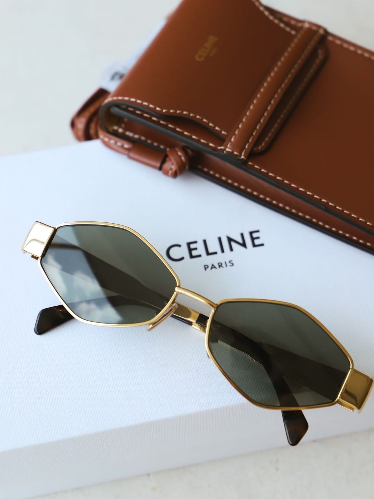 Celine Original Premium Full Set Geometrik Güneş Gözlüğü - Gold