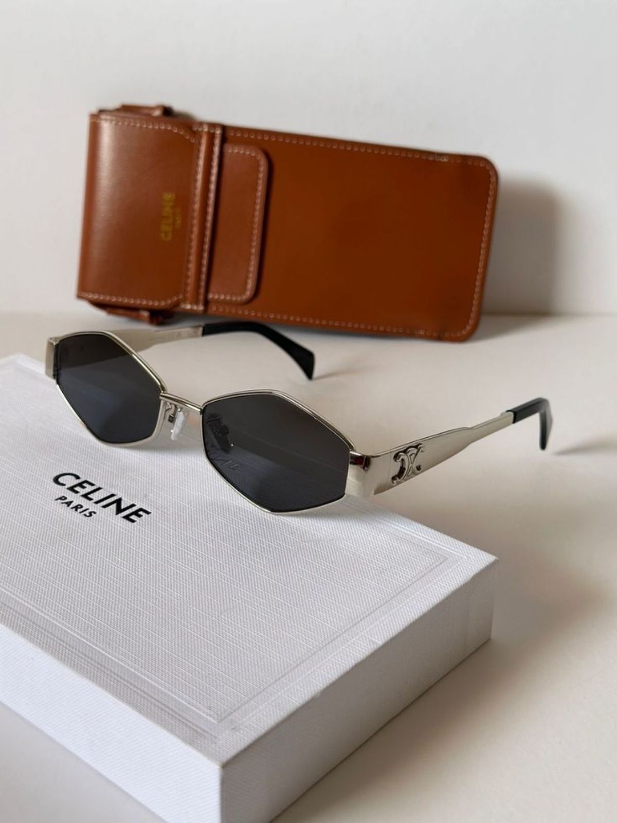 Celine Original Premium Full Set Geometrik Güneş Gözlüğü - Gümüş