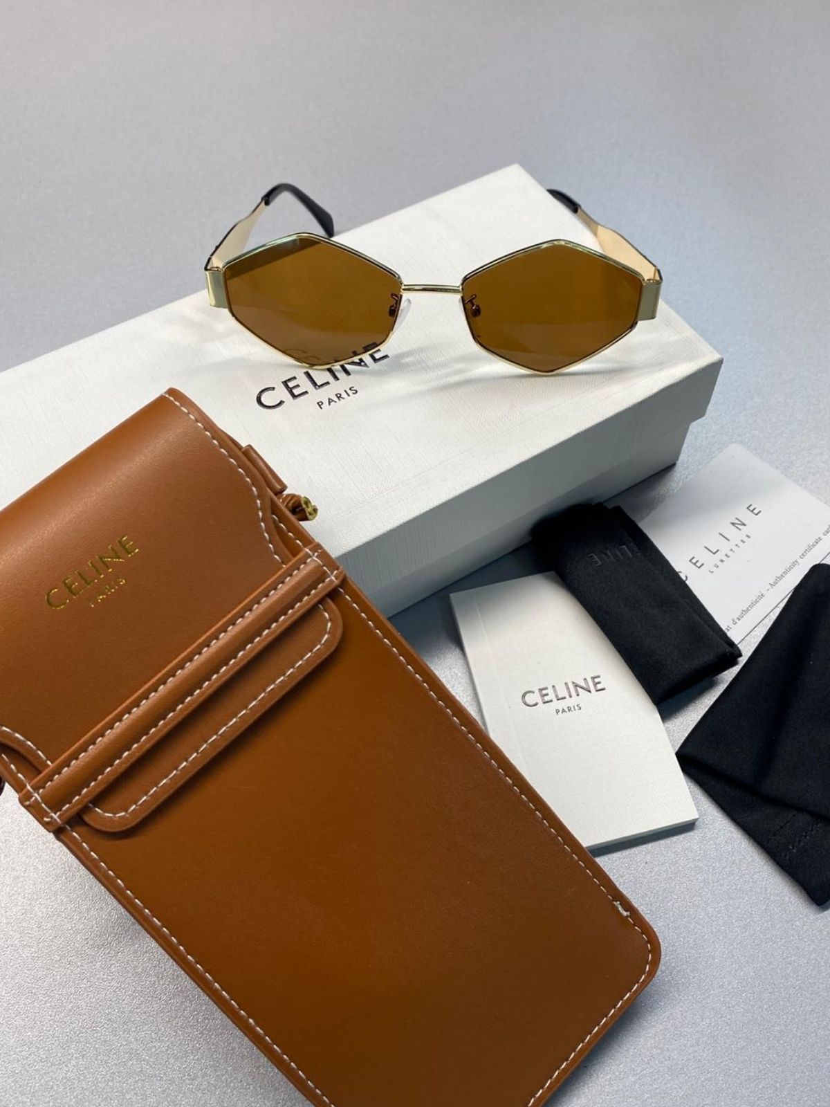 Celine Original Premium Full Set Geometrik Güneş Gözlüğü - Kahve