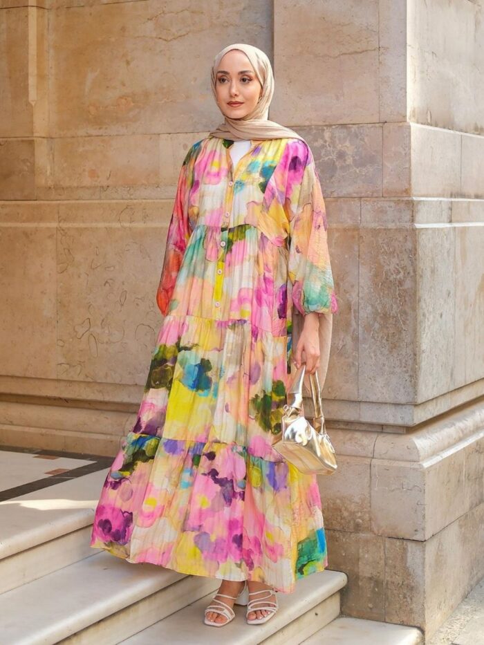 Soyut Desen Elbise L10094 - Pastel