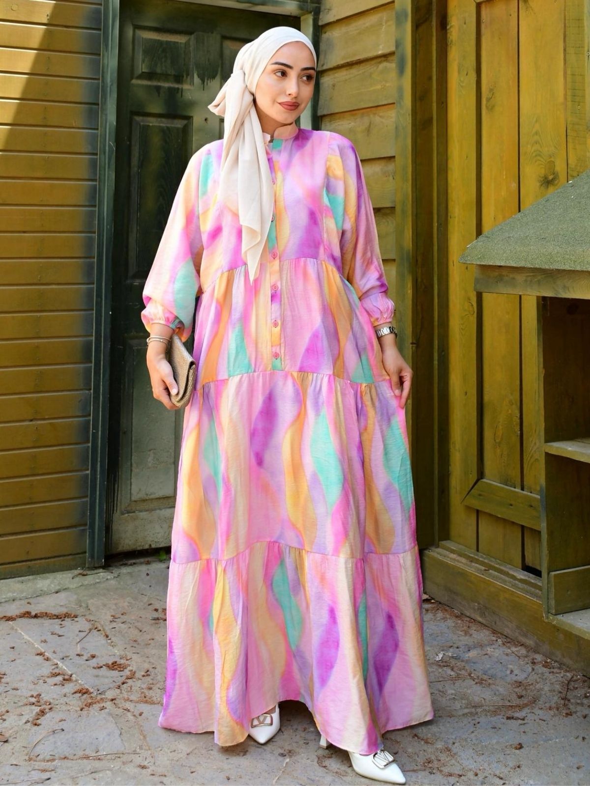 Suluboya Desen Elbise L10099 - Leylak