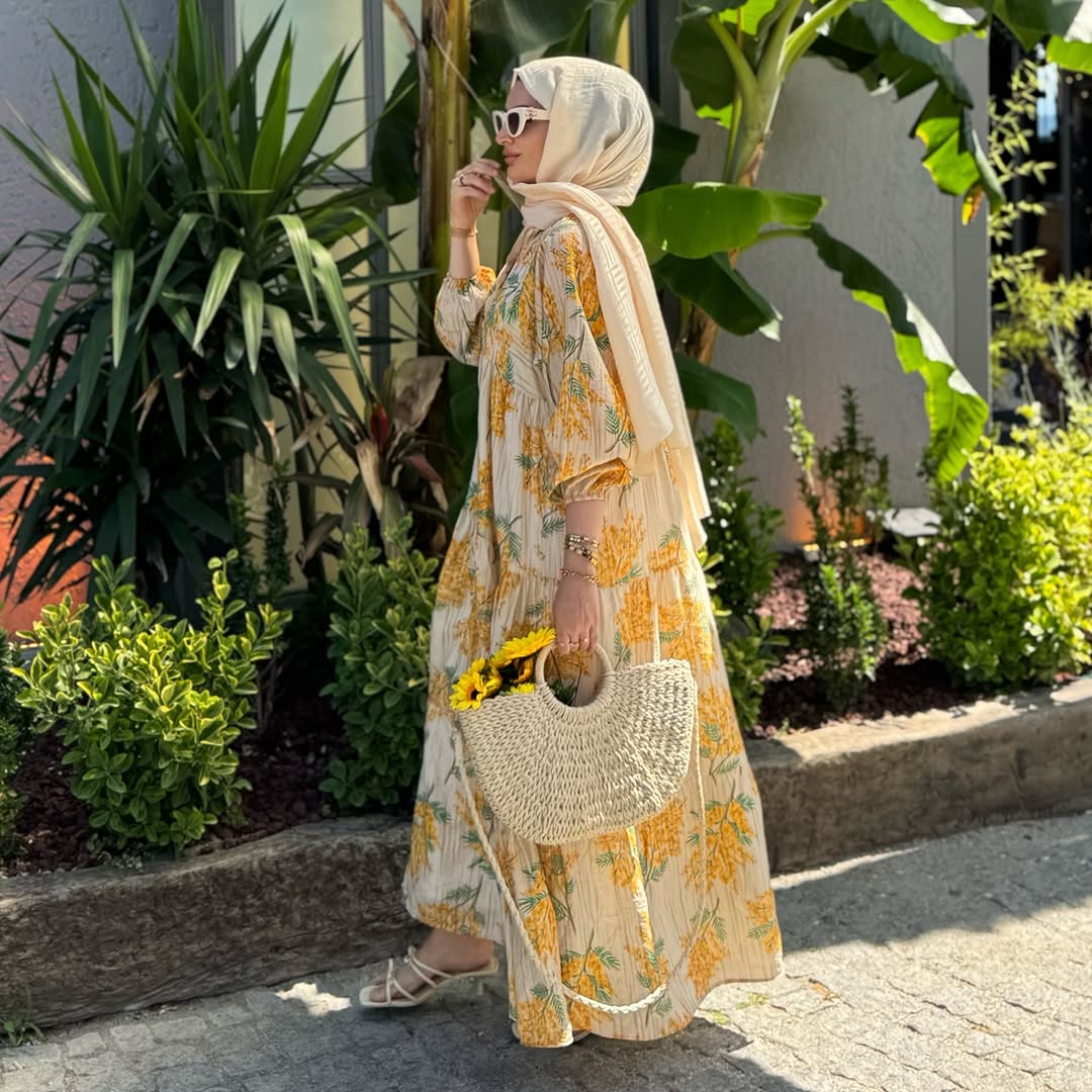 Mimoza Desenli Elbise -Sarı