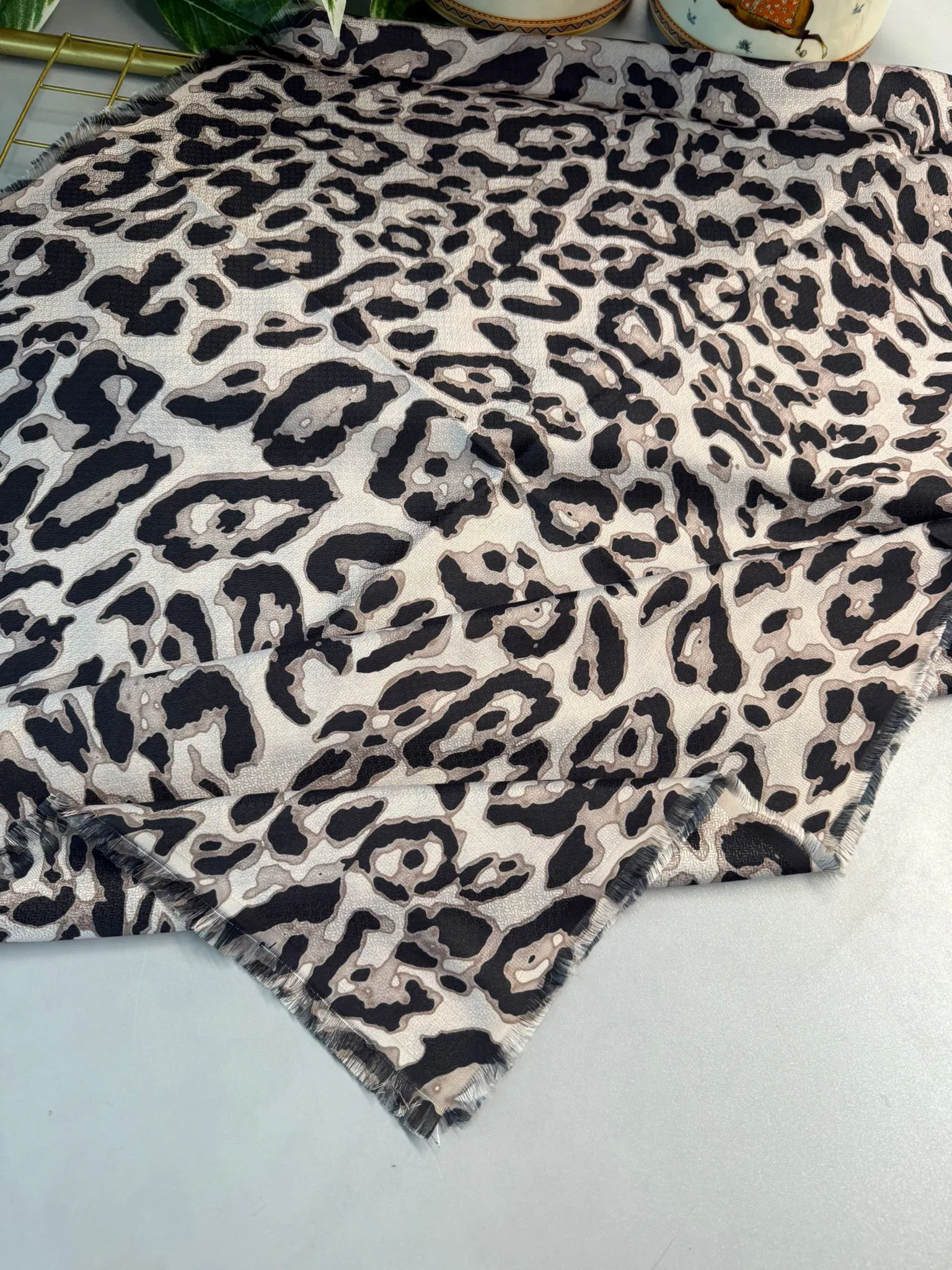 Ala Leopar Desen Naturel Pamuk Şal-Vizon - Görsel 2